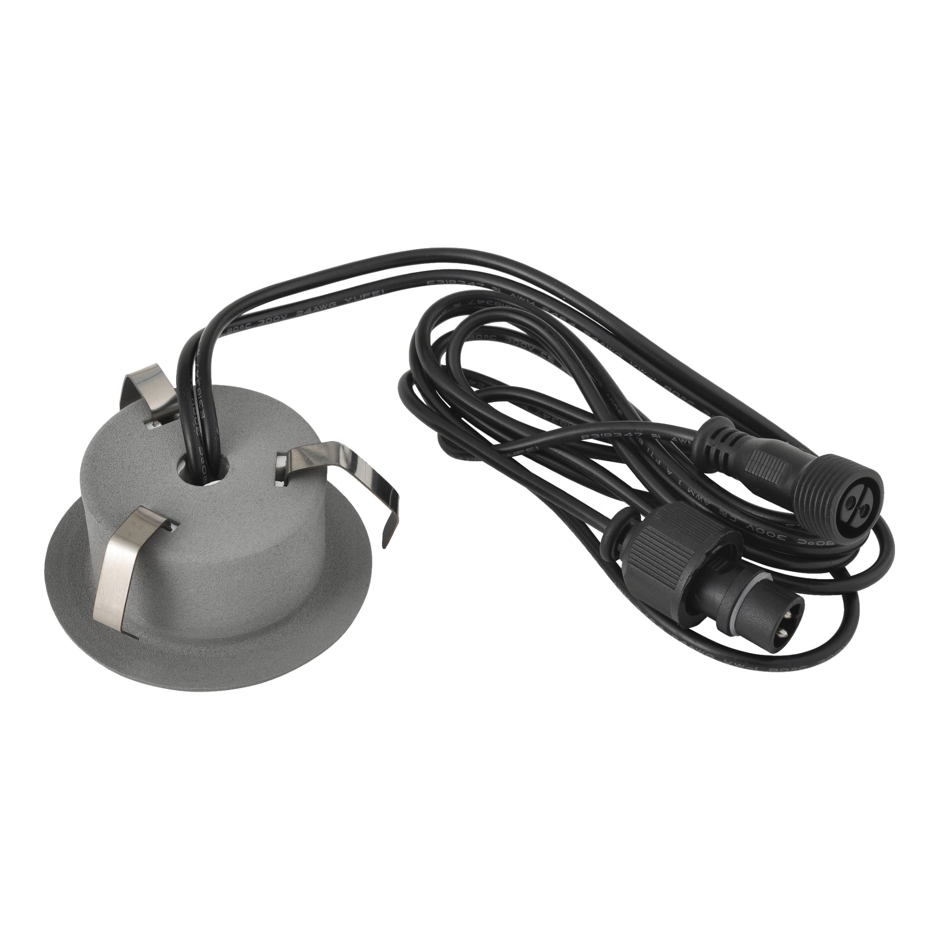 Ein kompaktes, kreisförmiges graues elektrisches Teil aus dem Anslut Decklights Connectable System 4-Pack, ausgestattet mit drei Metallklammern und zwei schwarzen Kabeln – eines endet in einem europäischen Stecker, das andere in einer Steckdose.