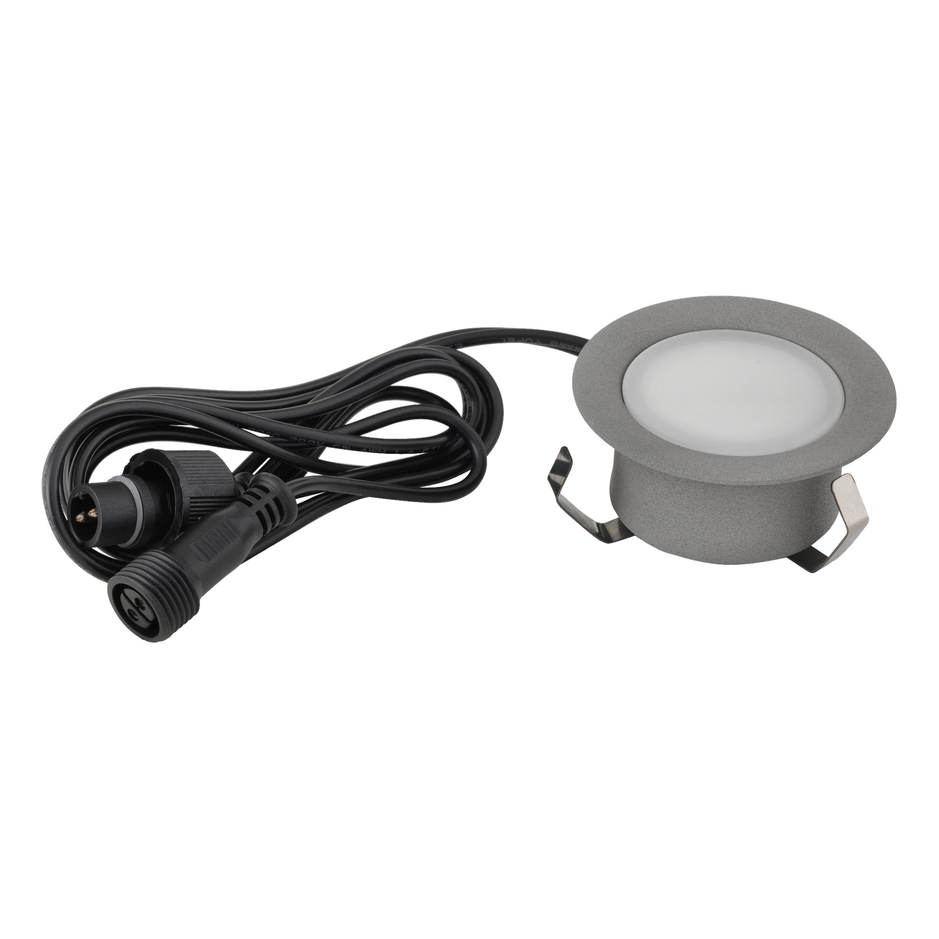 Das Anslut Decklights Connectable System umfasst vier runde versenkte LED-Leuchten mit mattierten Abdeckungen, die jeweils an ein schwarzes Stromkabel mit integriertem Stecker und Stecker angeschlossen sind. Seitenmetallclips sind für eine einfache Montage vorhanden.