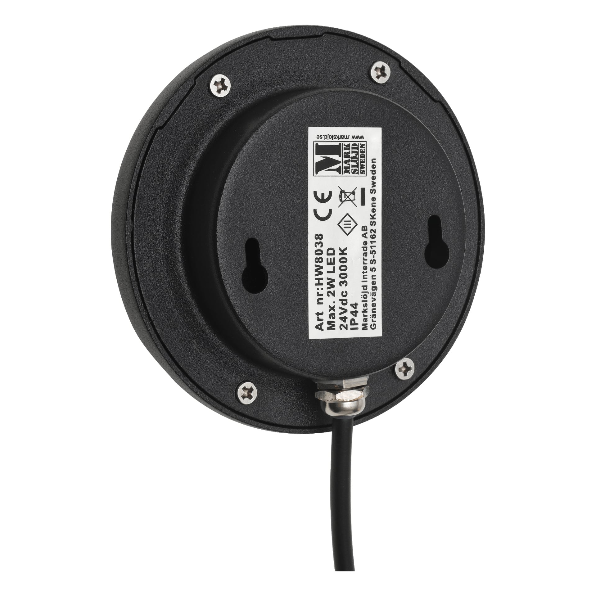 Pyöreä musta elektroninen laite, jossa on erilaisia teknisiä yksityiskohtia, Anslut LED -seinävalo Connectable System sisältää kaksi avaimenreikää takana helppoa seinäasennusta varten, ja pohjasta tulee ulos kaapeli.