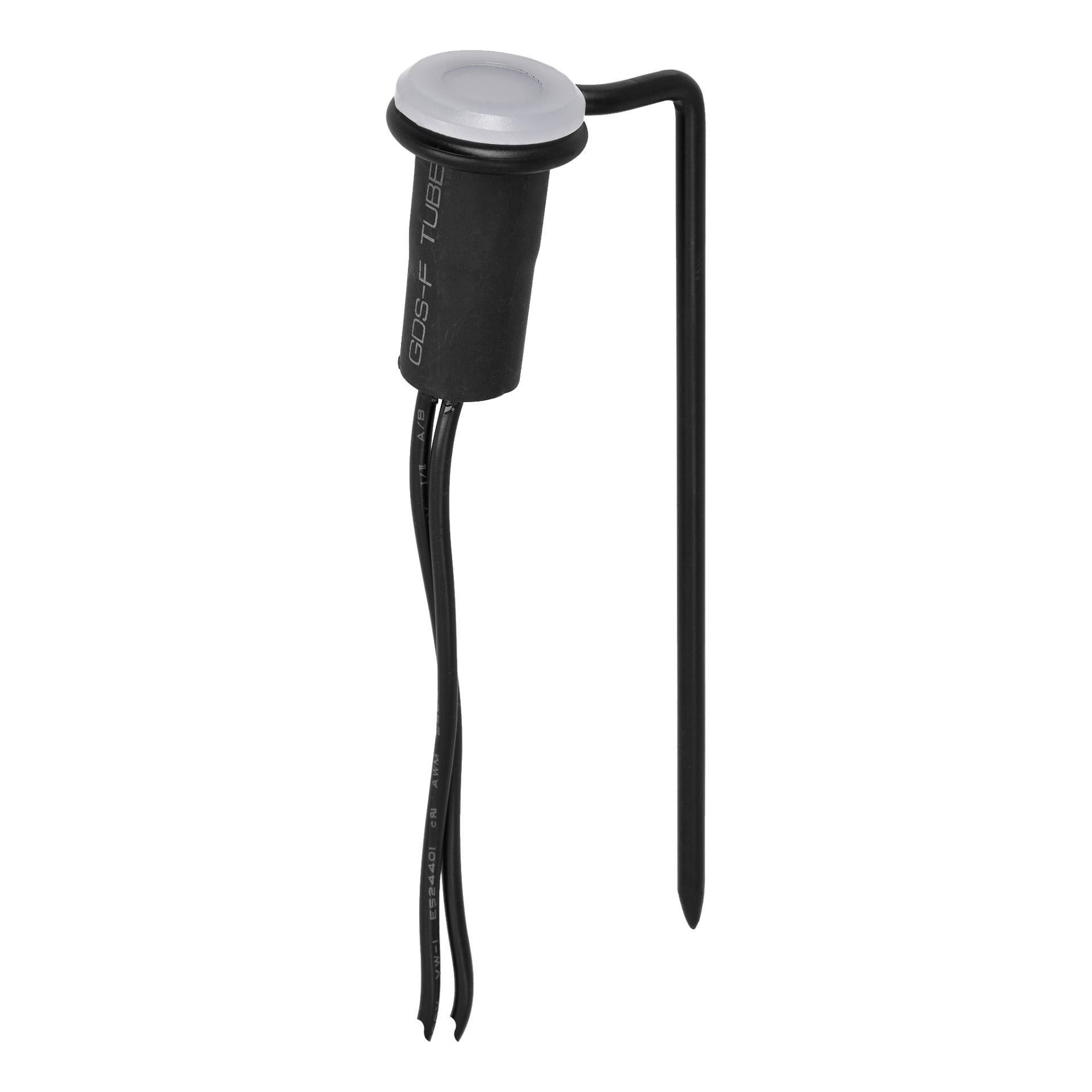 Anslut Twilight Sensor Connectable System koostuu mustasta sylinterimäisestä ulkosensorista, jonka päällä on valkoinen korkki. Kaksi mustaa kaapelia nousee sen jalustasta, ja pidennetty L-muotoinen tolppa on kiinnitetty yksinkertaista asennusta varten maahan.