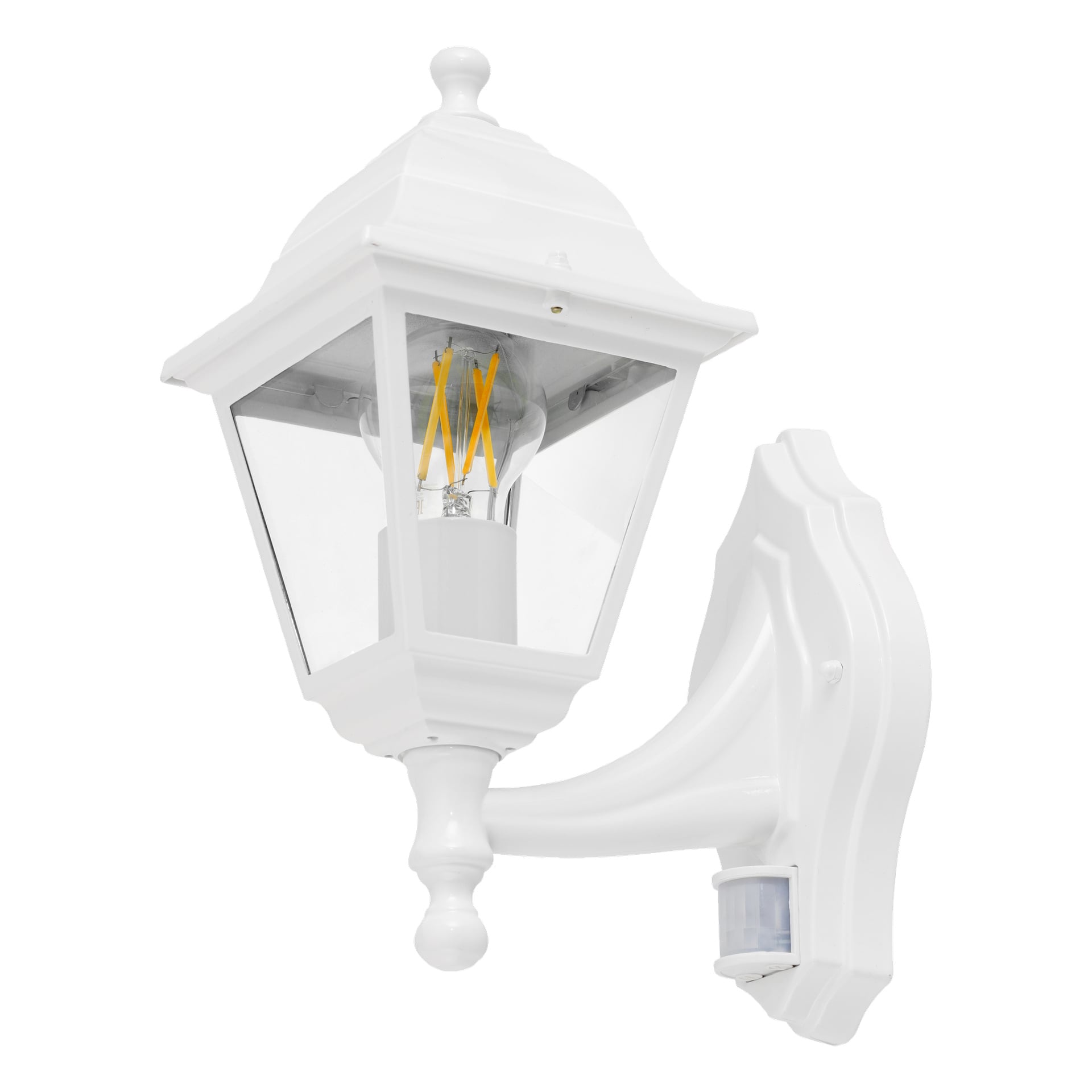 EKVIP Wandlampe mit Bewegungssensor, gestaltet im klassischen weißen Außenstil. Er verfügt über klare Glasscheiben, eine freiliegende LED-Glühbirne und der Bewegungsmelder befindet sich unter der Montagebasis.