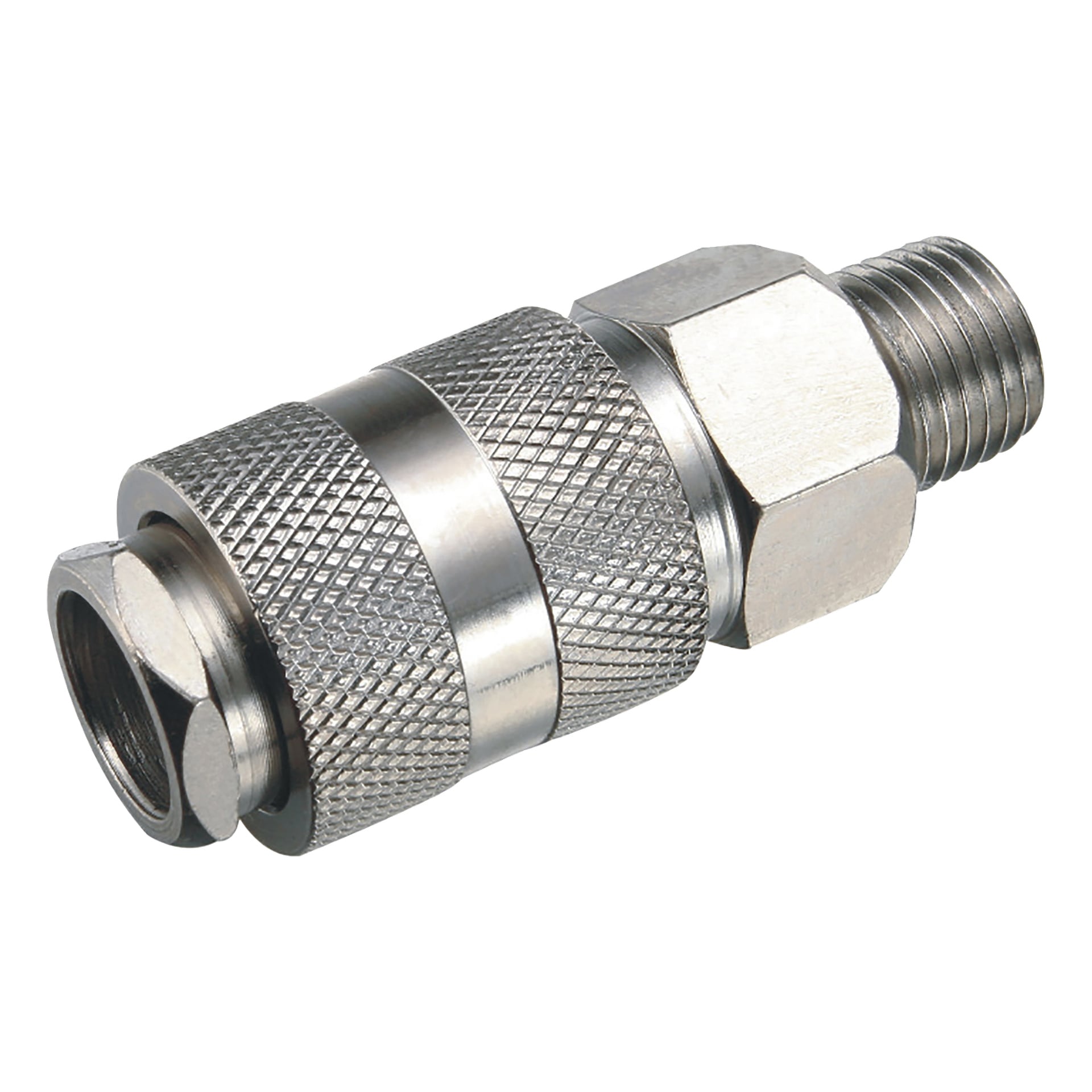 Eine detaillierte Ansicht der Meec Tools Schnellkupplung zeigt ihre Metallkonstruktion mit einem geräffelten Griff, einem sechseckigen Segment und Gewindespitzen, die für den Einsatz mit pneumatischen oder hydraulischen Schläuchen gedacht sind.
