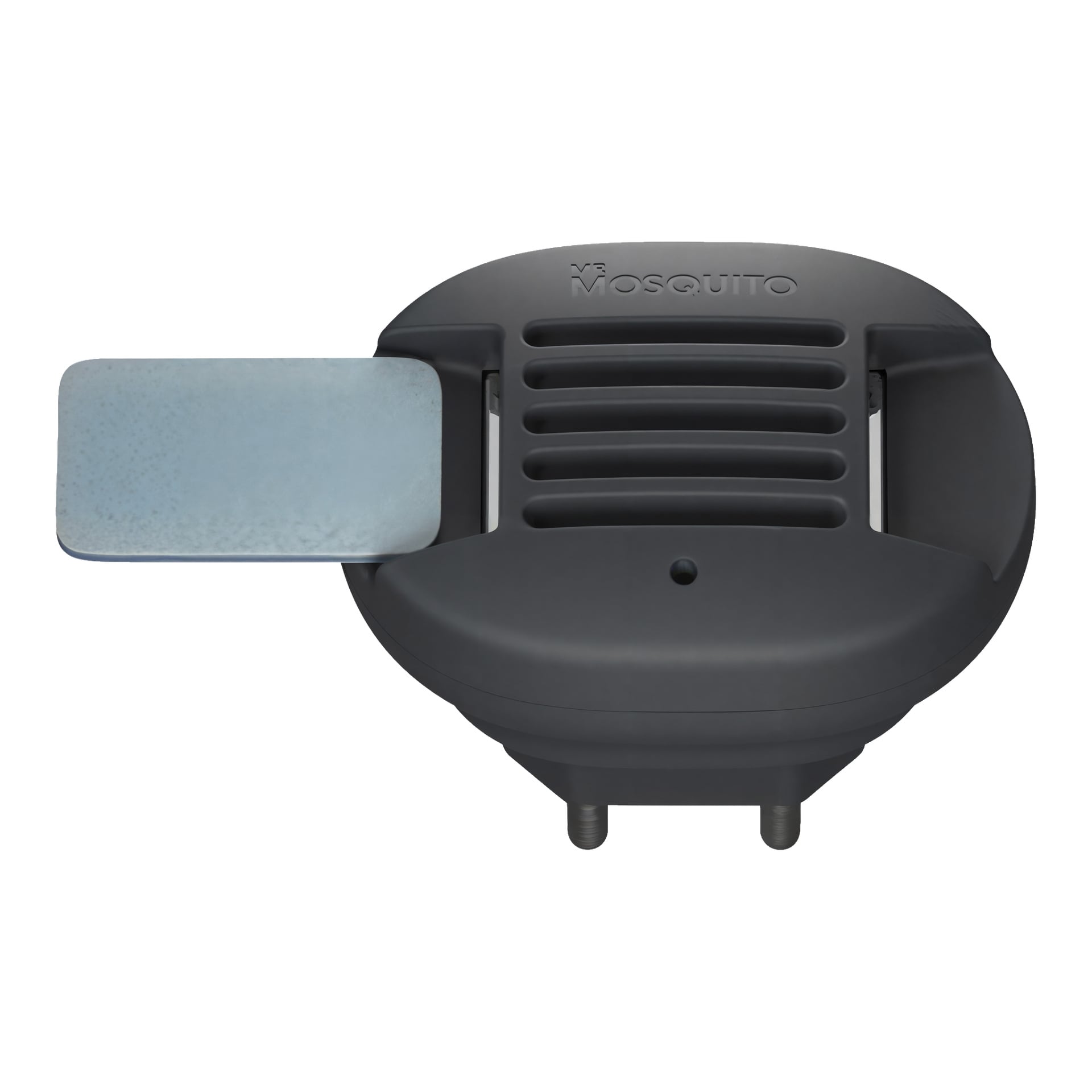 En svart plastmyggskyddsanordning från Mr Mosquito har en metallplatta till vänster, ventilationslistor på toppen och två stift längst ner för inkoppling. Enheten är märkt "Mr Mosquito."