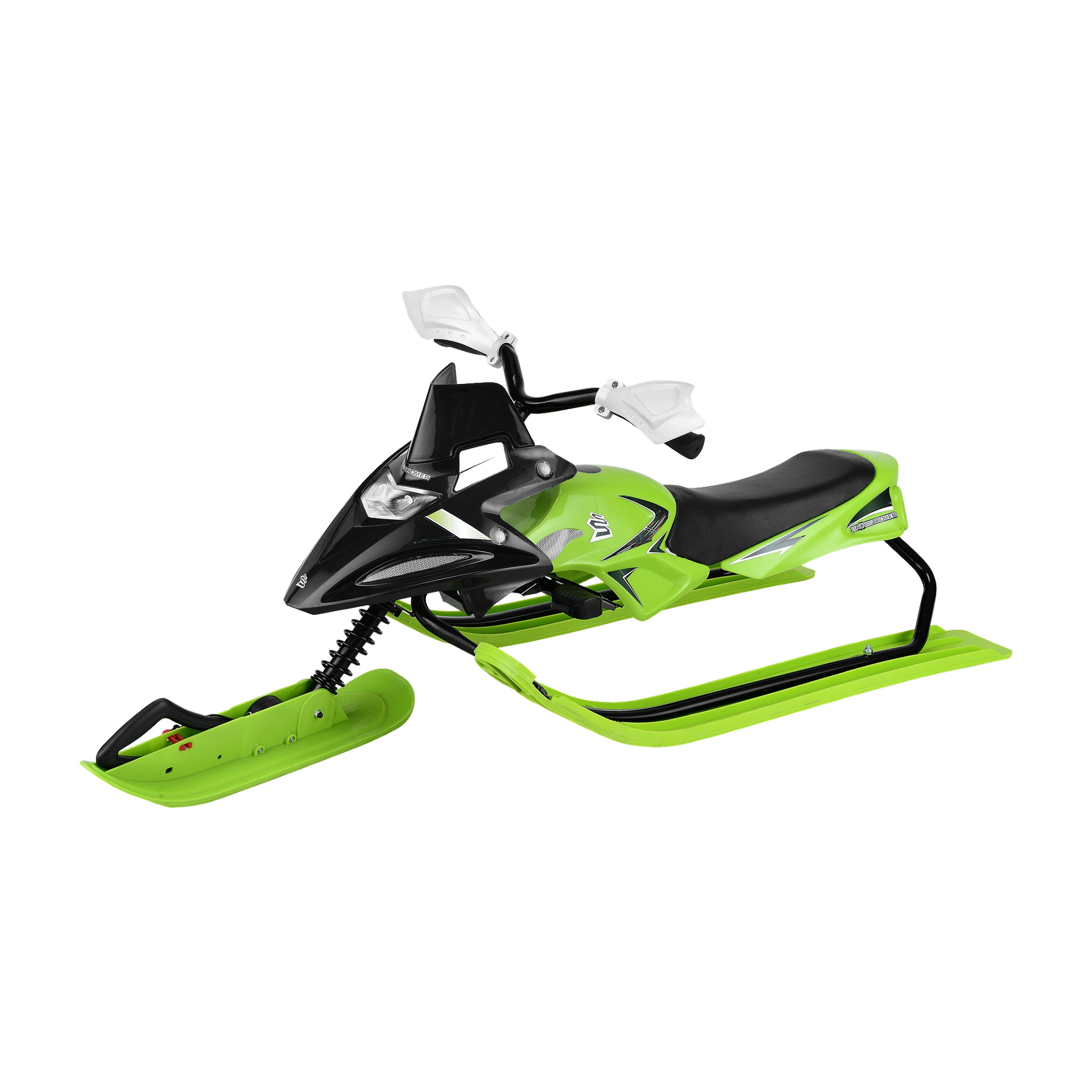 En färgstark grön Kayoba Bobsleigh snöcykel med svart sadel, styr och fram, har två bakskidor och en framskida för snöiga turer.