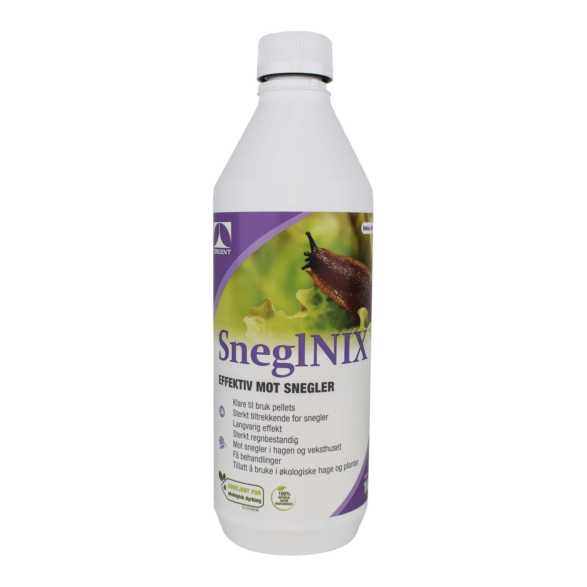 En hvit flaske merket "Snail control" av Tergent, med et bilde av en snegle på et grønt blad. Etiketten indikerer at produktet er effektivt til å kontrollere snegler og egnet for økologisk hagebruk.