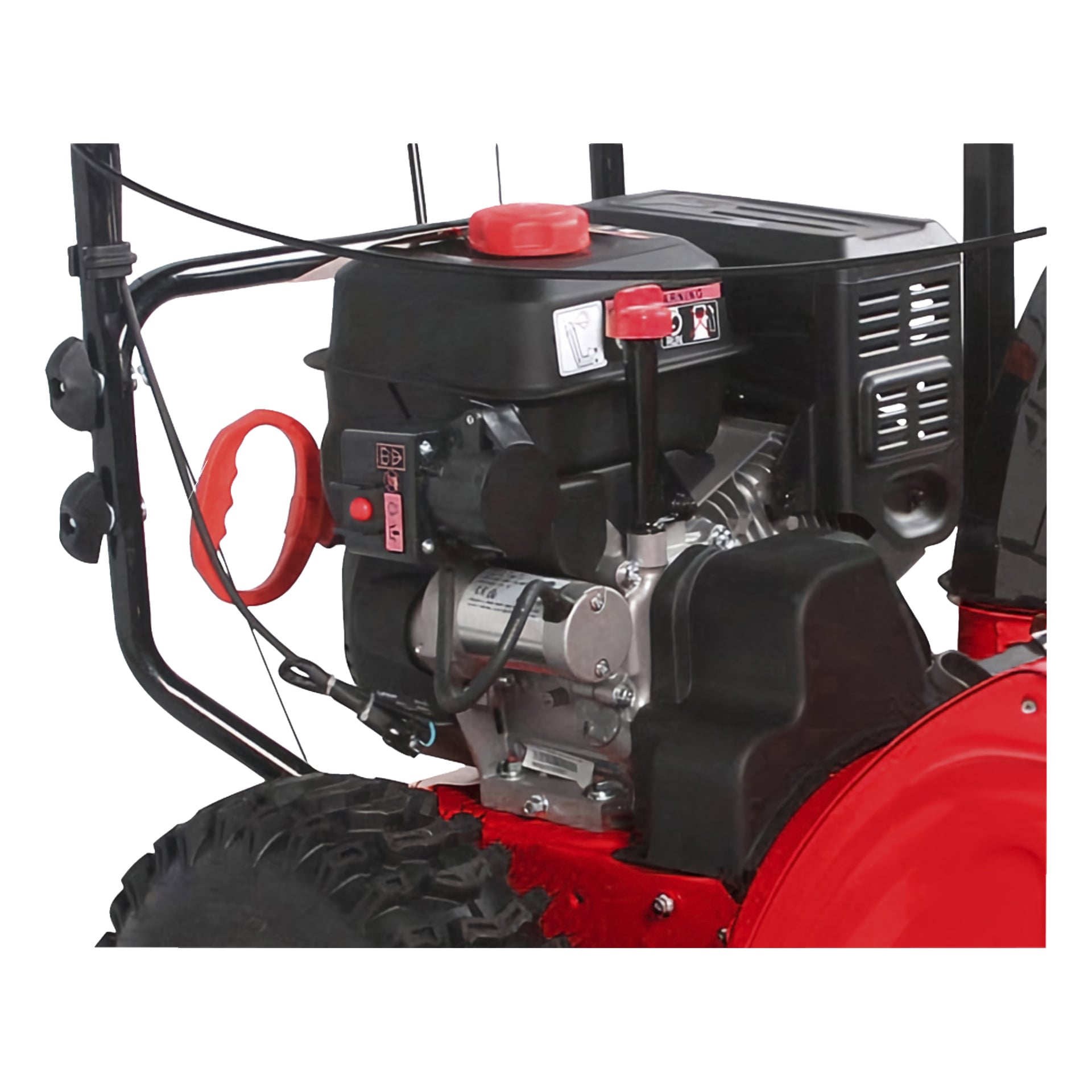 Yksityiskohtainen näkymä Meec Tools Snowblowerin moottorista punaisella ja mustalla, jossa näkyy käynnistyskahva, polttoainekorkki, paljaat johdot, osa suuresta telaketjusta sekä metalliset moottorin osat, jotka on suojattu suojakuorella.