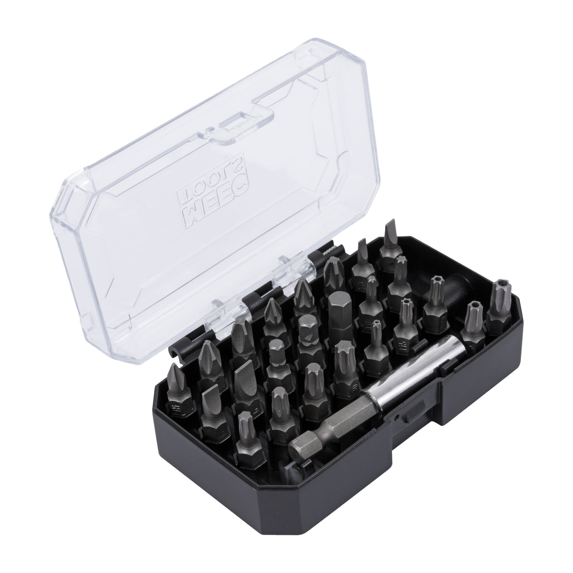 Ein 25-teiliges Meec Tools-Frässet wird in einem schwarzen Kunststoffgehäuse mit durchsichtigem Klappendeckel gezeigt, das verschiedene Schraubendreher-Bits und einen Fräserhalter zeigt, der ordentlich in geordneten Reihen nach Typ und Größe angeordnet ist.