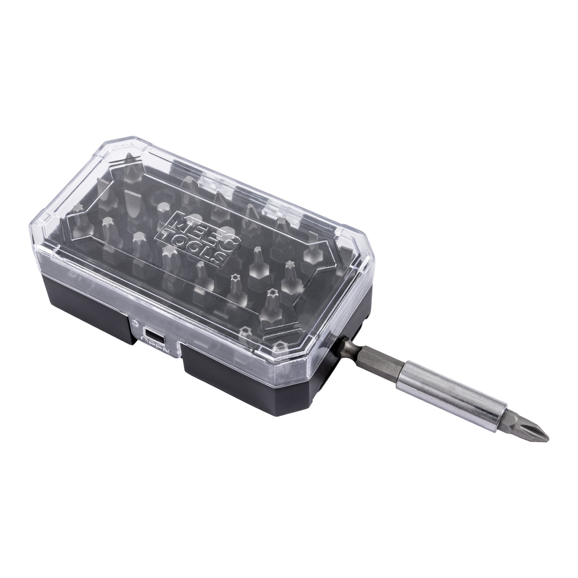 Ein kleines schwarzes und transparentes Kunststoffgehäuse fasst ein 25-teiliges Bitset, mit einem Bit und einer Metallverlängerung, die am Gehäuse verbunden sind. Das Meec Tools-Logo ist auf dem Cover zu sehen.