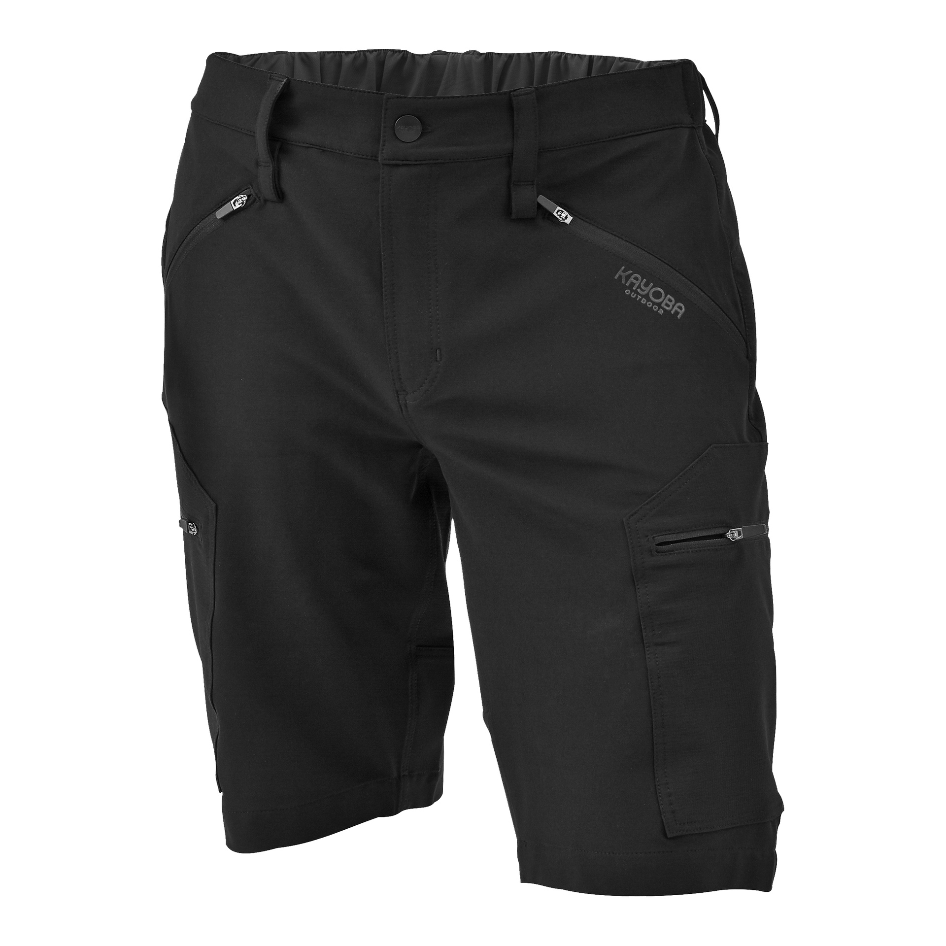 Svarte knelange shorts med flere glidelåslommer, elastisk linning og Kayoba Outdoor-logo på venstre lår.