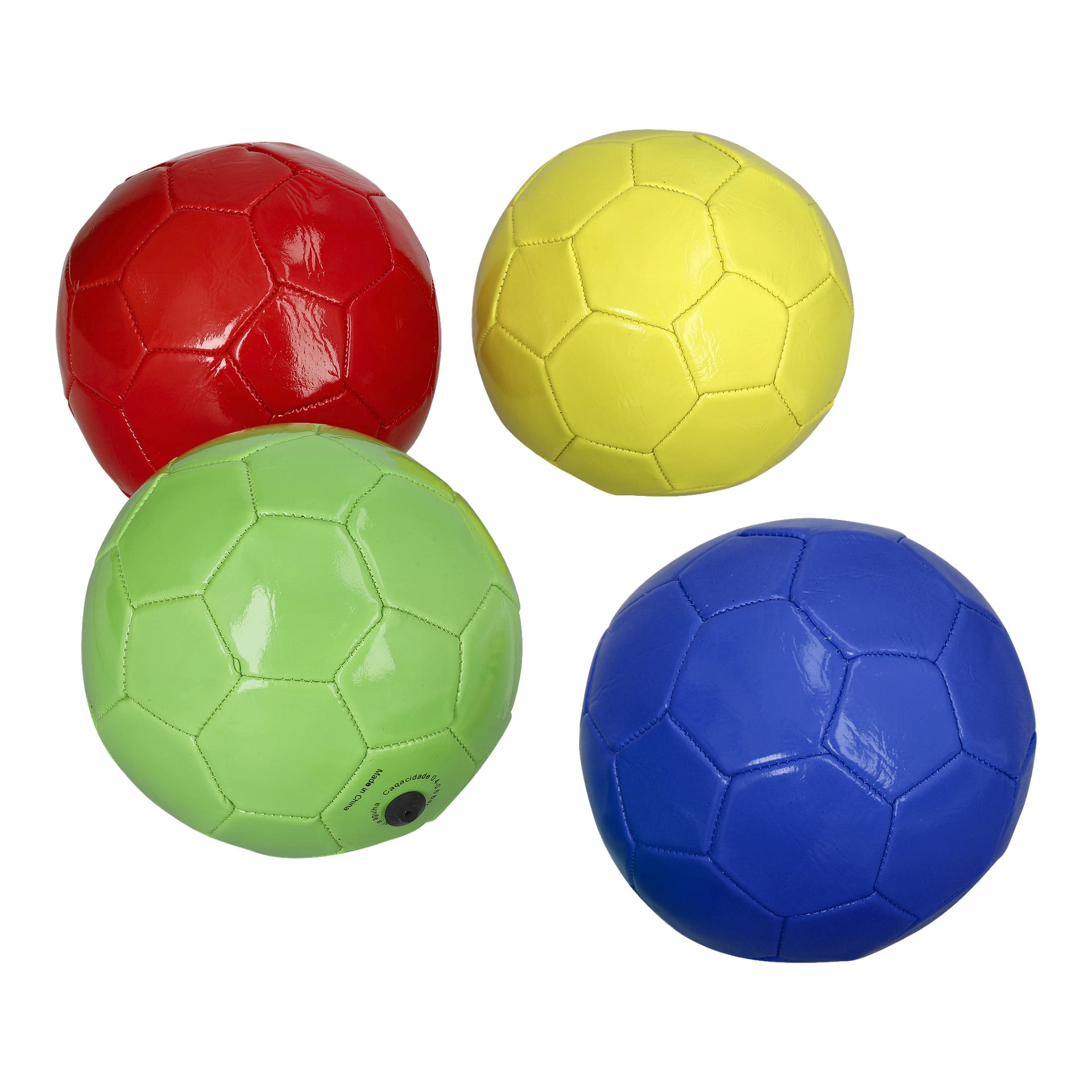 Fire blanke kuler med et sekskantet mønster fra Kayoba Football Croquet 19 Pieces-serien vises i rødt, gult, grønt og blått. En svart luftventil er synlig på den grønne kulen. Kulene plasseres tett sammen.
