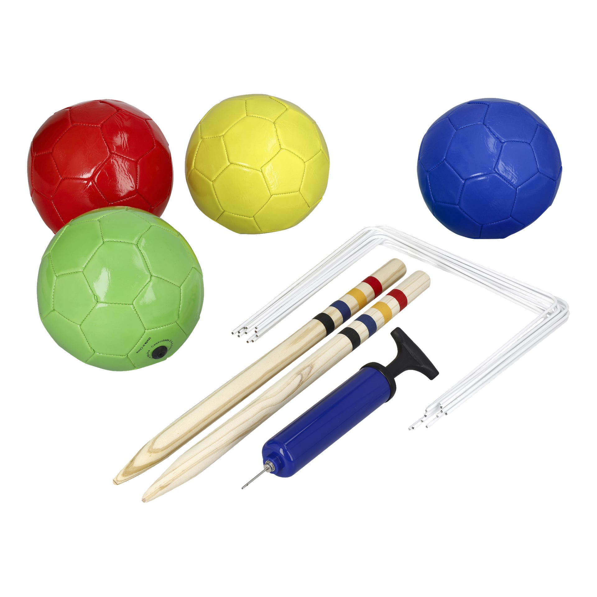 Nitten deler stort Kayoba Football Croquet-sett inkluderer fargede baller, treklubber, en blå håndpumpe med nål og klare plastmål formet som U.