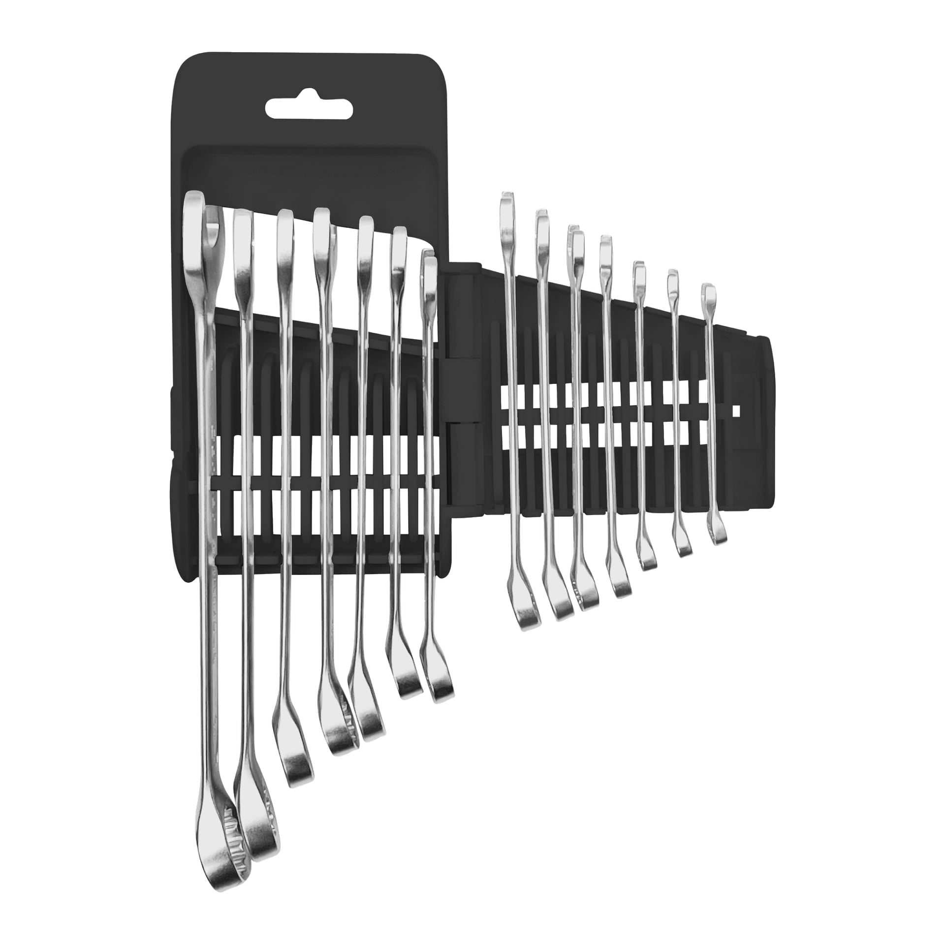 Ein Set von zwölf Meec Tools Kombinationsschlüsseln ist ordentlich nach Größe in einem schwarzen Kunststoffhalter organisiert, wobei sowohl das offene als auch das Kastenende sichtbar sind und aufrecht stehen.