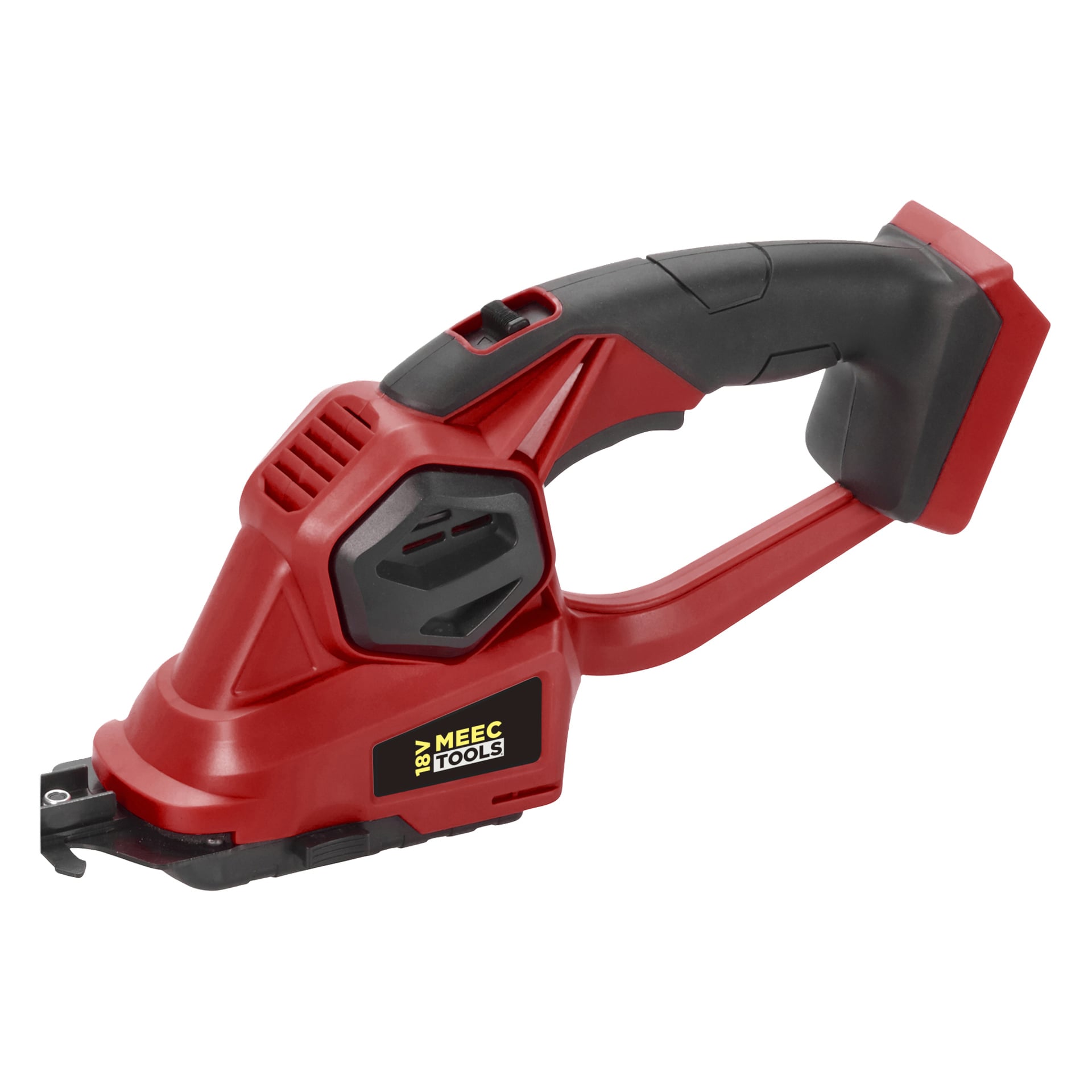 Bildet viser en rød og svart trådløs Multi-trimmer HT-18V EASY 100 fra Meec Tools Multiseries med svart håndtak og en "18V"-merking på siden. Festepunktet er foran, og den er avbildet uten batteri tilkoblet.
