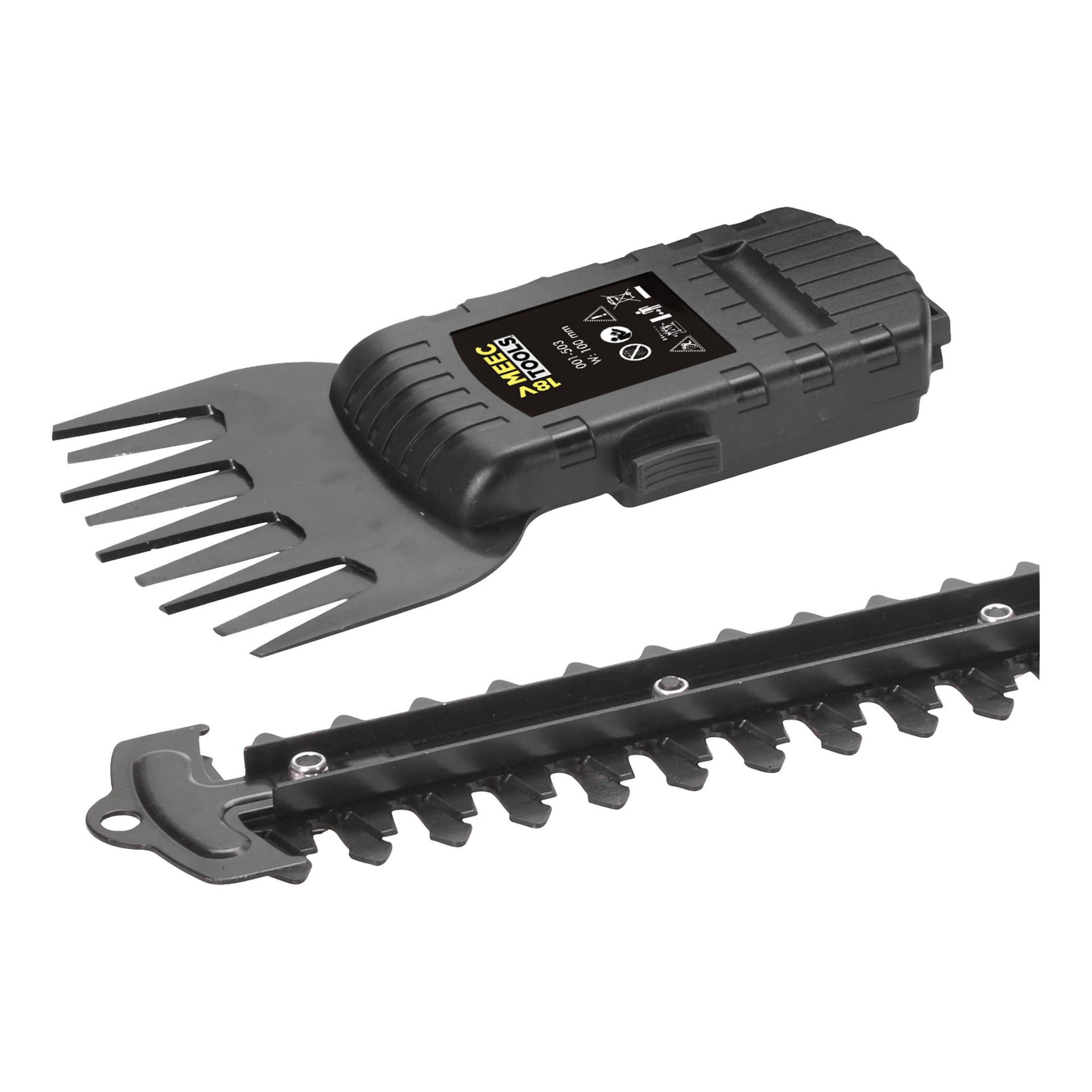Meec Tools Multiseries Multi-trimmer HT-18V EASY 100 er et svart elektrisk hageverktøy med et utskiftbart bladsystem, utstyrt med en gressklipperfeste på toppen og et hekkklippeblad under.