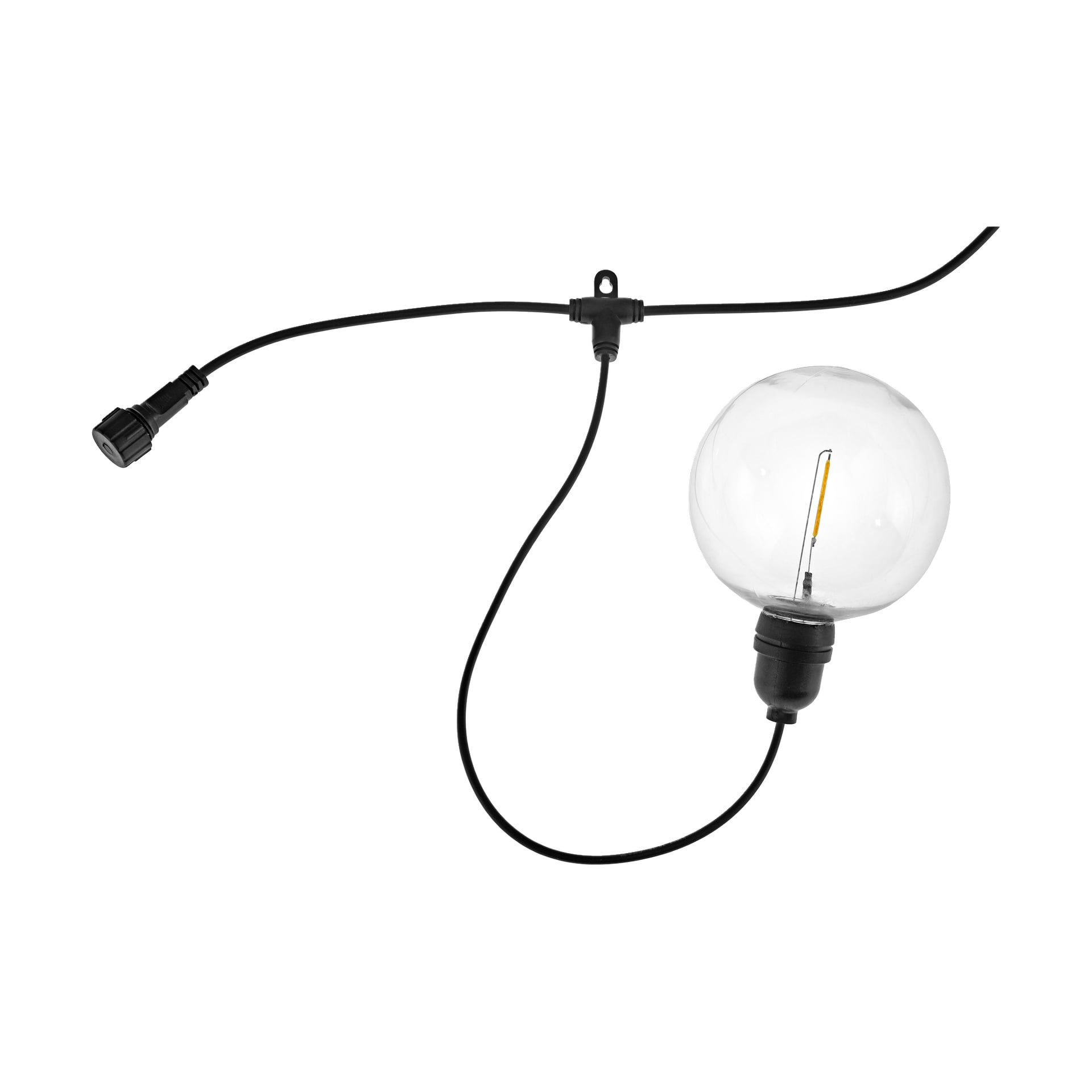 Pyöreä, läpinäkyvä lamppu, jossa on paljas hehku, osa Anslut LED party lights -yhdistettävää järjestelmää, on kiinnitetty mustaan ulkovalokaapeliin, jossa on liitin ja kiinnityskoukku.