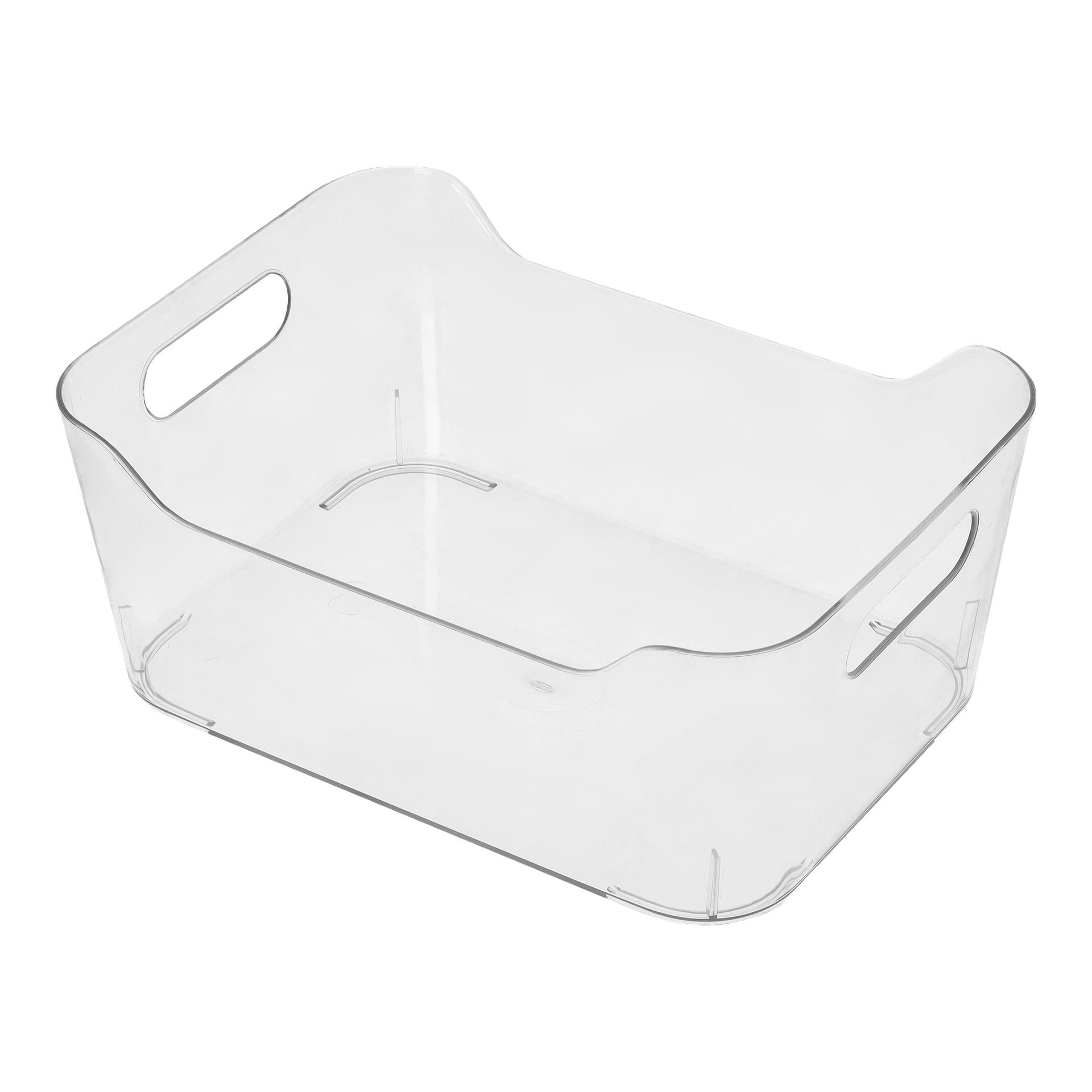 Przezroczyste plastikowe pudełko do przechowywania Hard Head Storage z zaokrąglonymi rogami i wbudowanymi uchwytami po każdej krótkiej stronie jest wystawione puste.