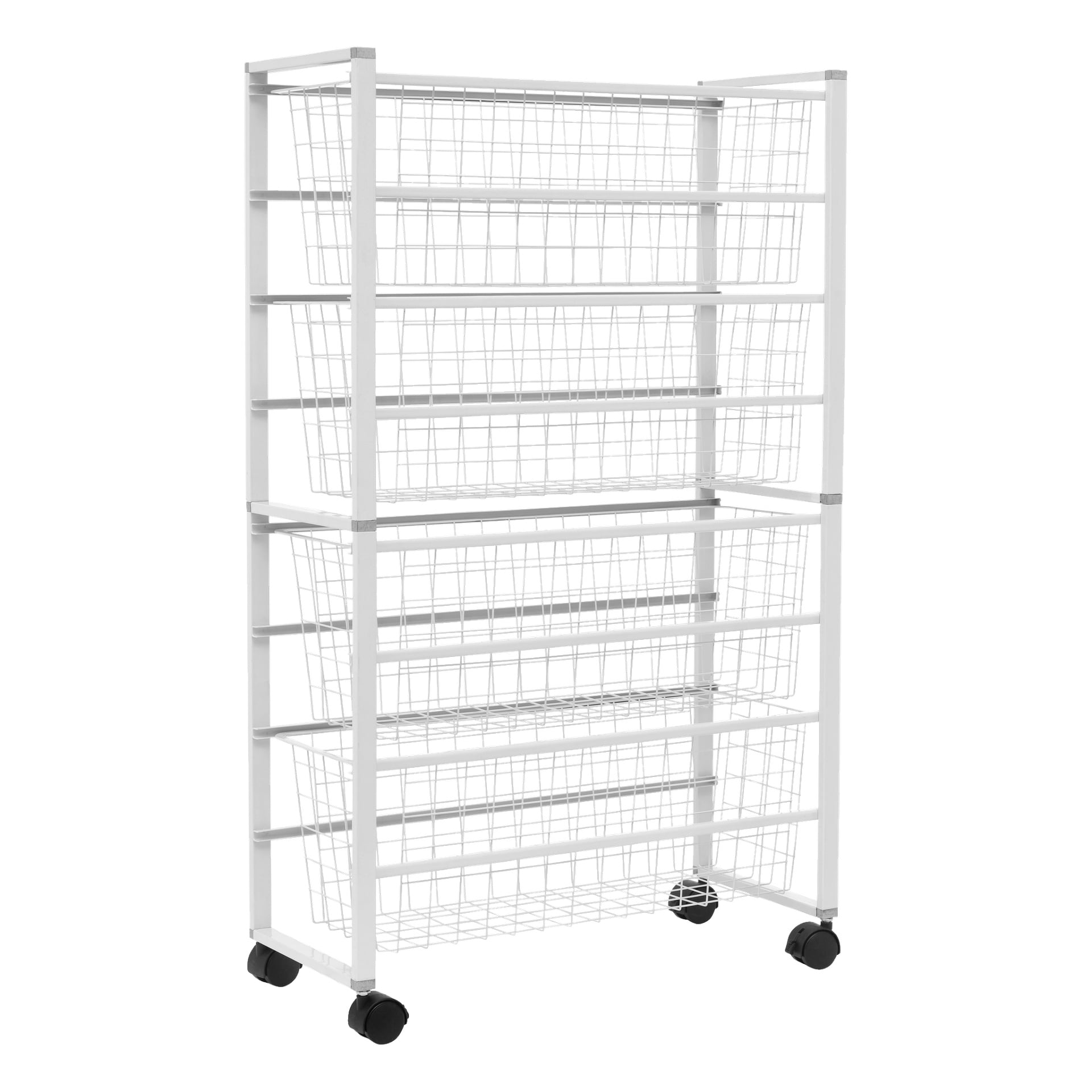 Der Hard Head Basket Stand verfügt über vier Drahtkorbregale, die in gleichen Abständen angeordnet sind, von einem hohen weißen Metallrahmen getragen und mit schwarzen Caster-Rädern für eine sanfte Bewegung ausgestattet sind.