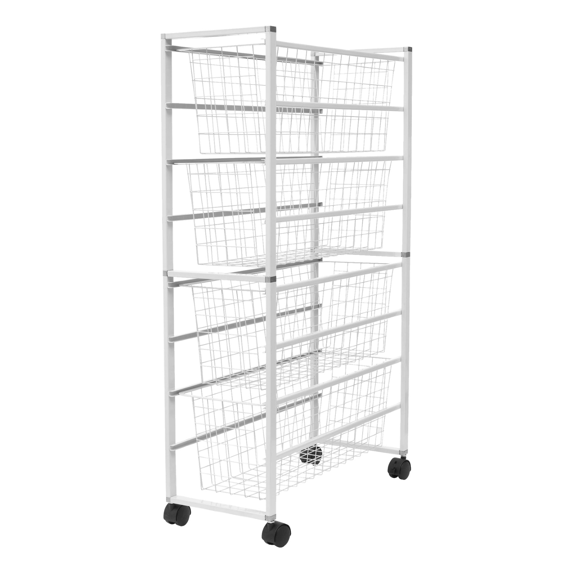 Ein hoher Metallkorb mit weißem Rahmen, vier schrägen Drahtkörben und vier schwarzen Rollenrädern, die für bequeme Organisation und leichte Bewegung konzipiert sind.