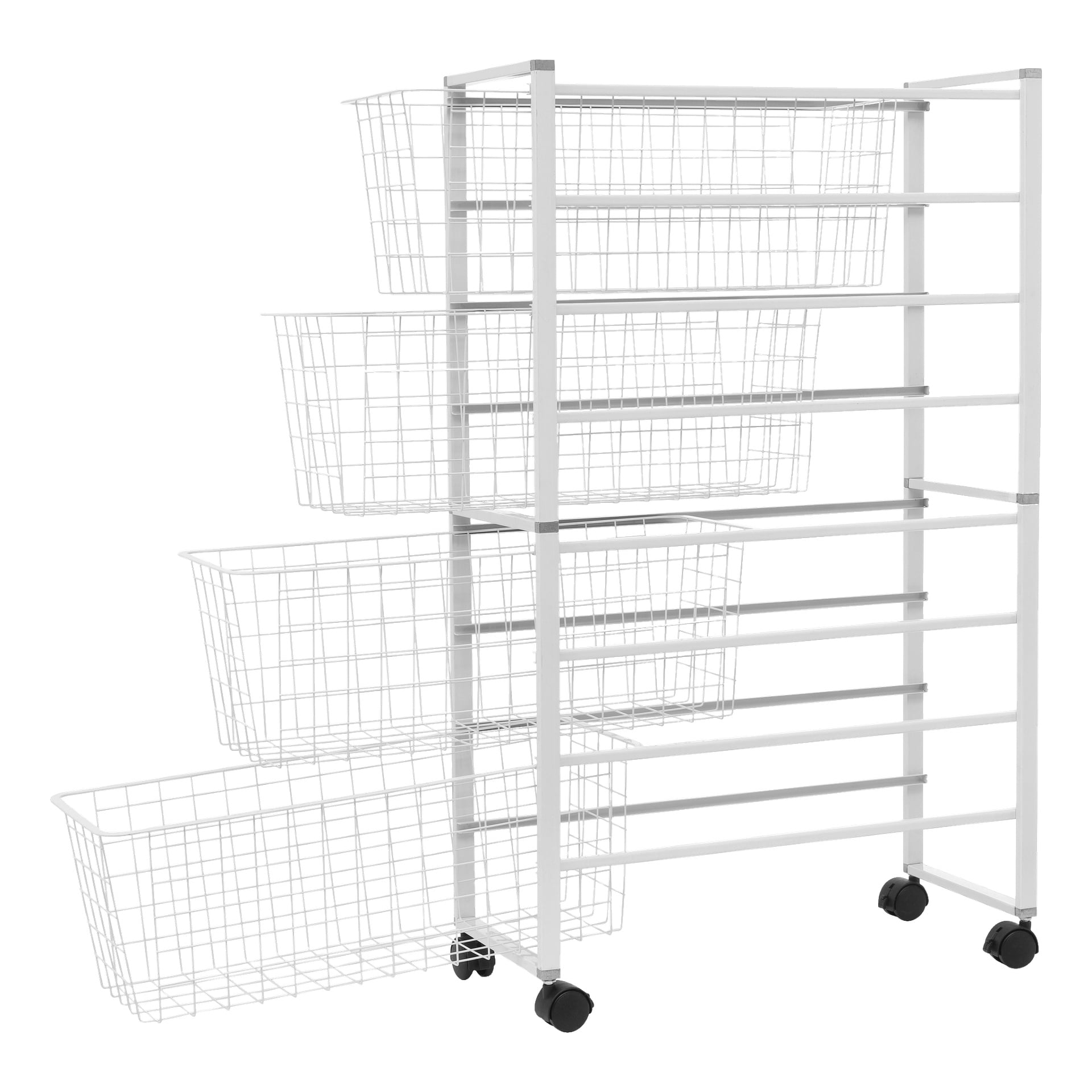 Der Hard Head Basket Stand zeigt vier vertikal gestapelte Drahtkörbe auf einer Seite, alle getragen von einem weißen Metallrahmen mit vier schwarzen Rädern. Jeder Korb kann für einen bequemen Zugang herausgeschoben werden.