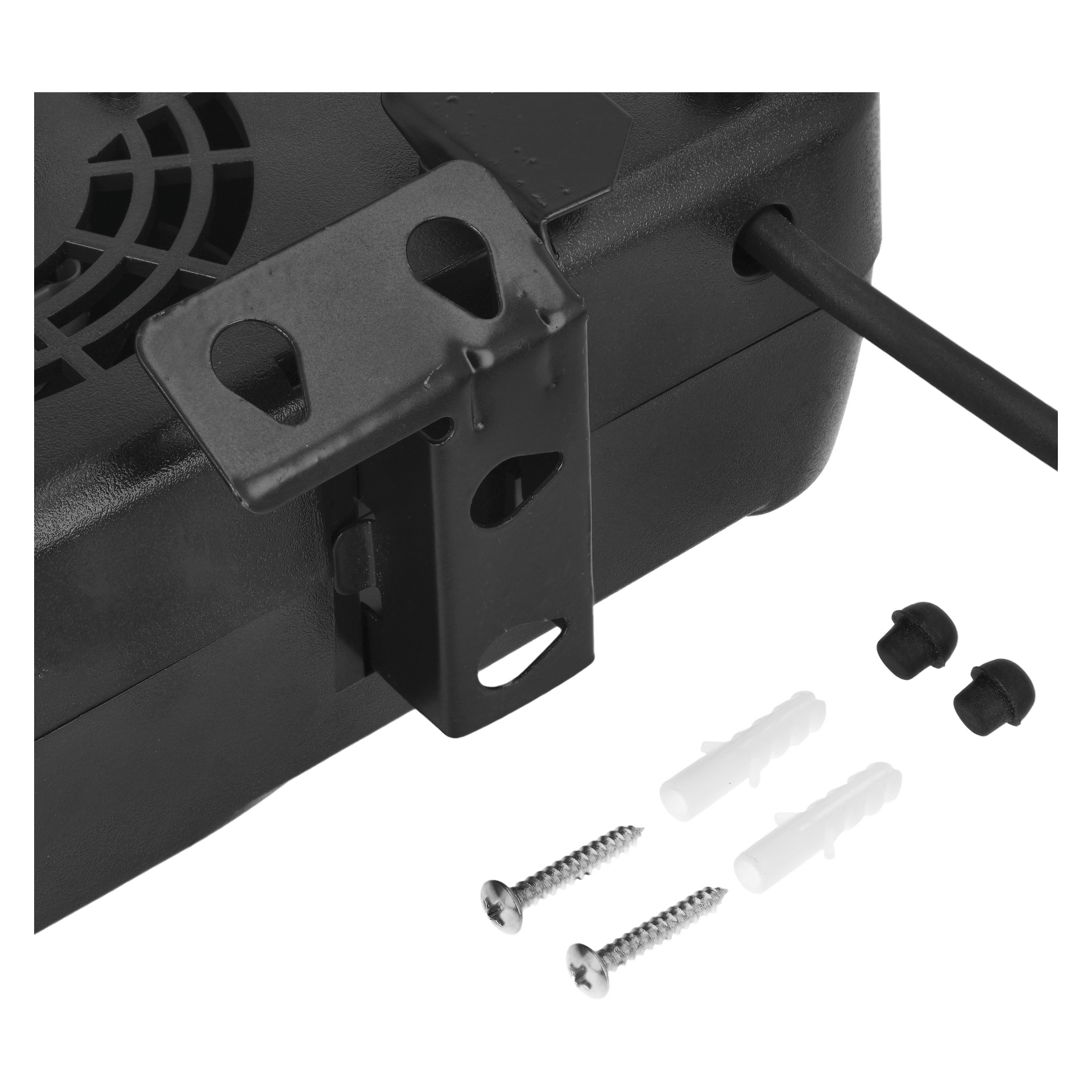 Nahaufnahme eines schwarzen Hamron Autoheizers mit Metallmontagehalterung, Stromkabel, zwei Schrauben, zwei Kunststoffwandankern und zwei schwarzen Kappen.