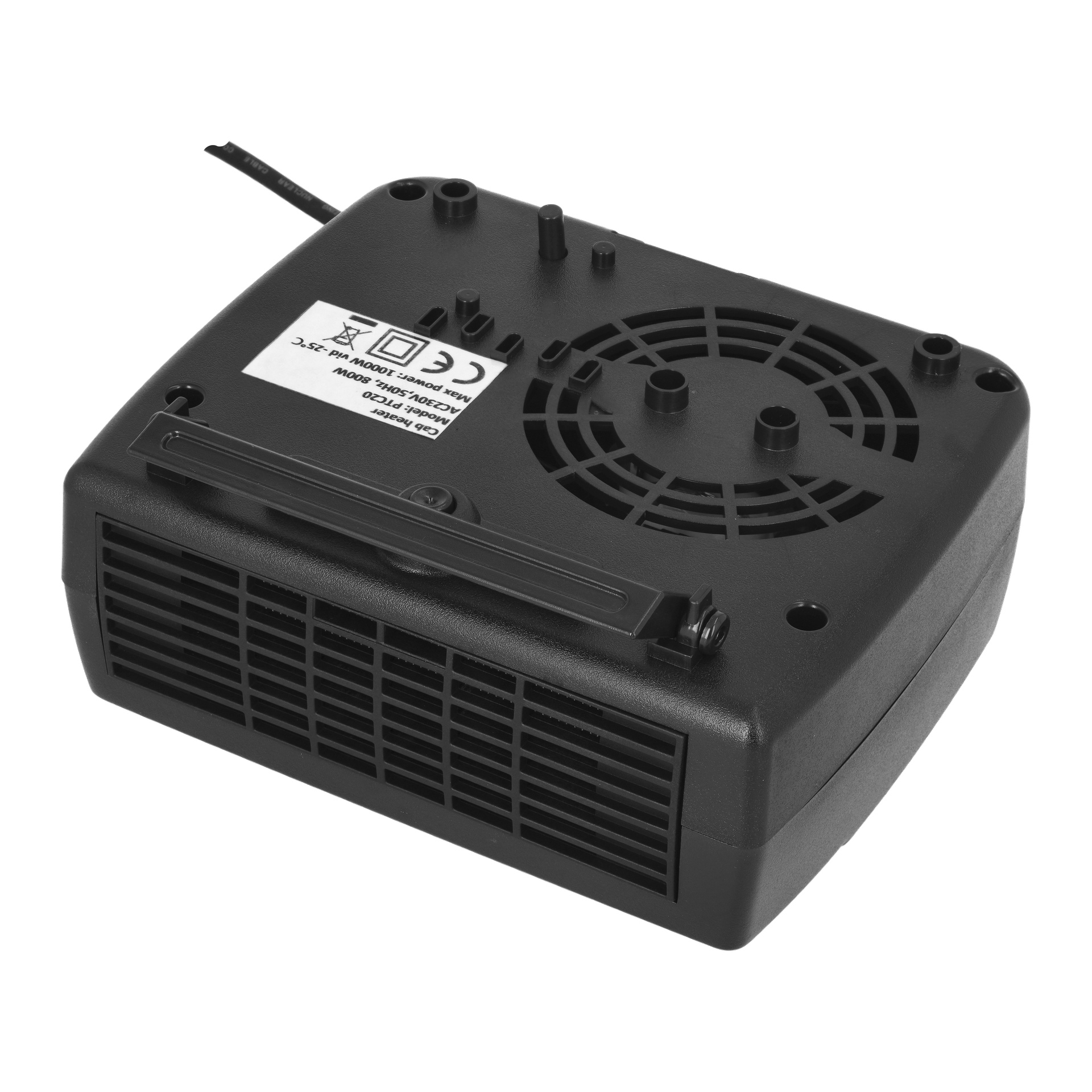 Ein Hamron-Autoheizer mit schwarzem Kunststoffgehäuse, belüftetem Frontpanel, oben montiertem Kühlventilator, mehreren Anschlüssen und Schraublöchern, einem Barcode-Aufkleber und einem Netzkabel, das hinten herausragt.