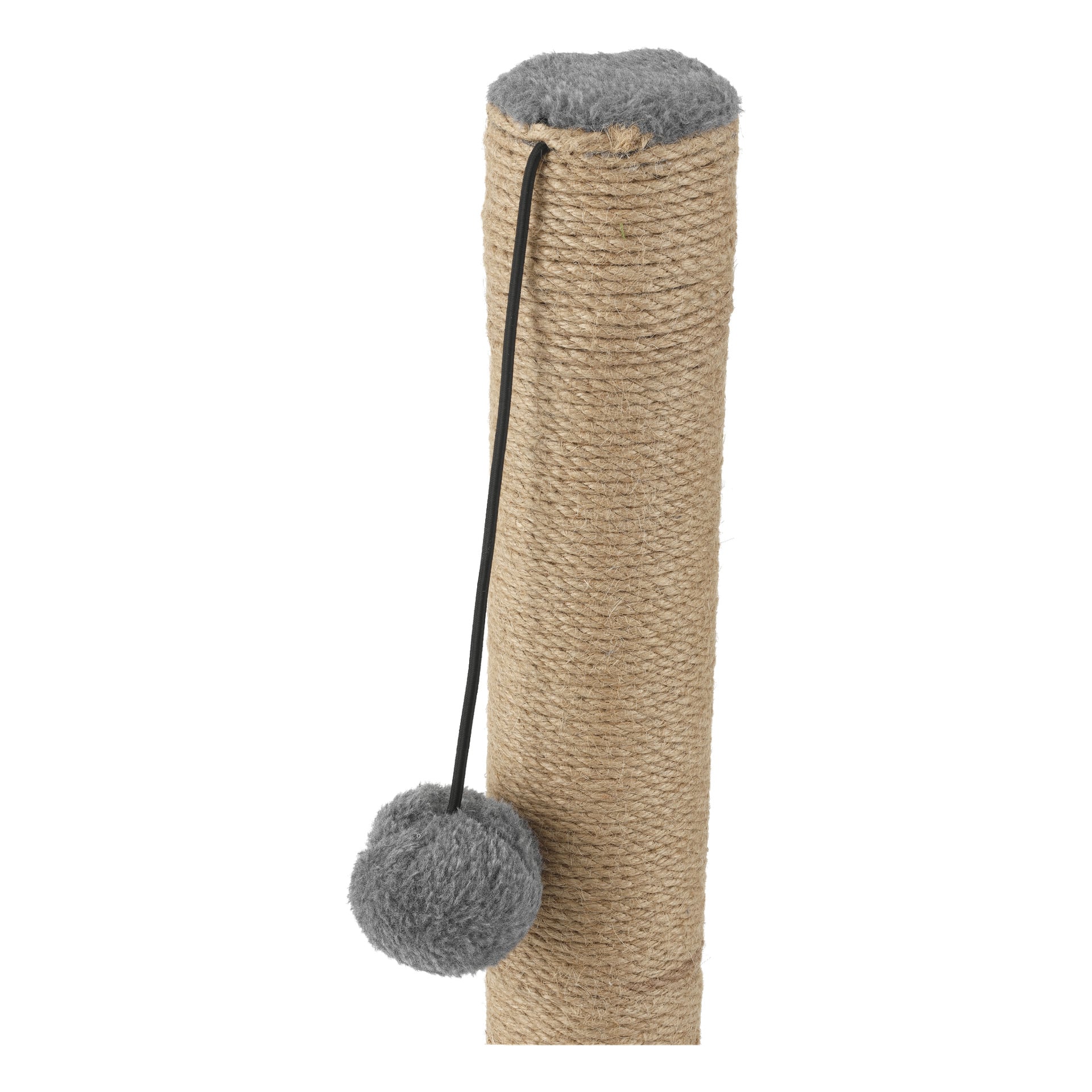 Ein Kayoba-Katzenkratzpfohlen mit einer beige, mit Sisal bedeckten Säule, verziert mit einem grauen Plüschtop, und einem passenden grauen Plüschball, der an einer schwarzen Schnur an der Seite baumelt.