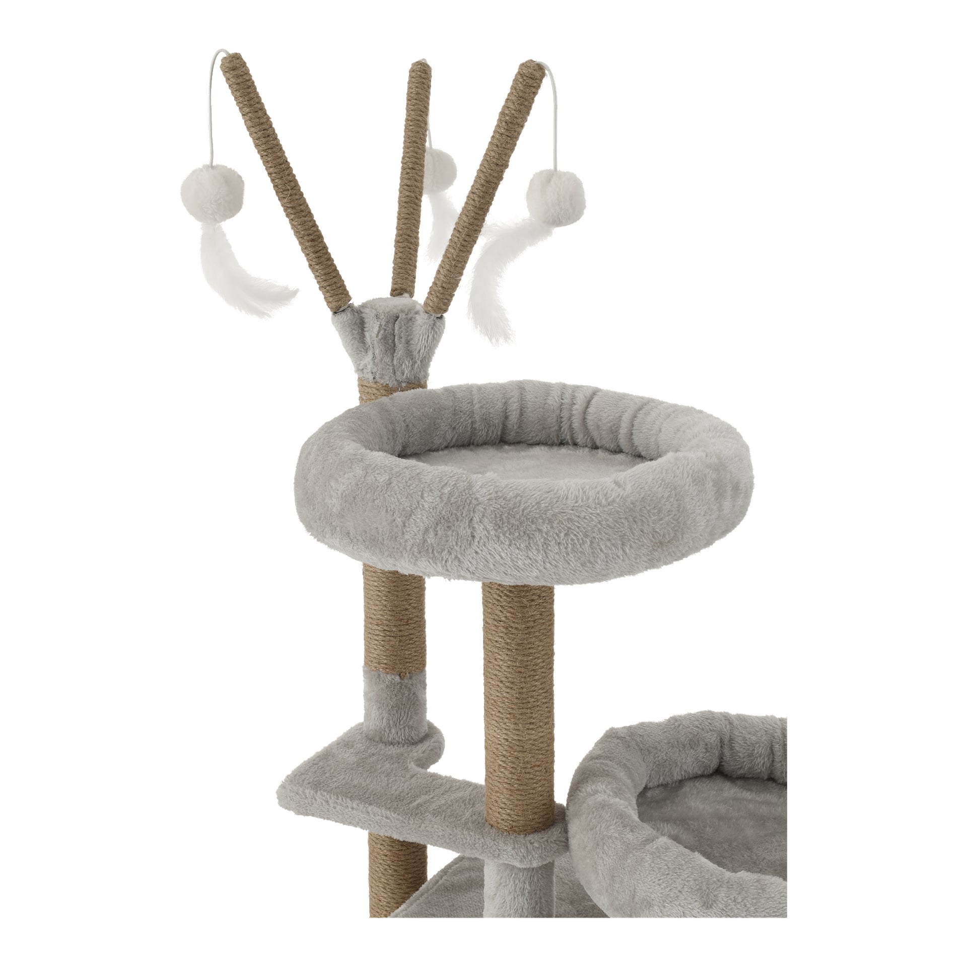 Ein grauer Kayoba-Kratzbaum für Katzen besteht aus mit Sisal umwickelten Pfosten, zwei weichen Plattformen und baumelnden weißen Pompon-Spielzeugen an braunen Seilen, was einen perfekten Platz für Katzen zum Klettern, Kratzen und Spielen schafft.