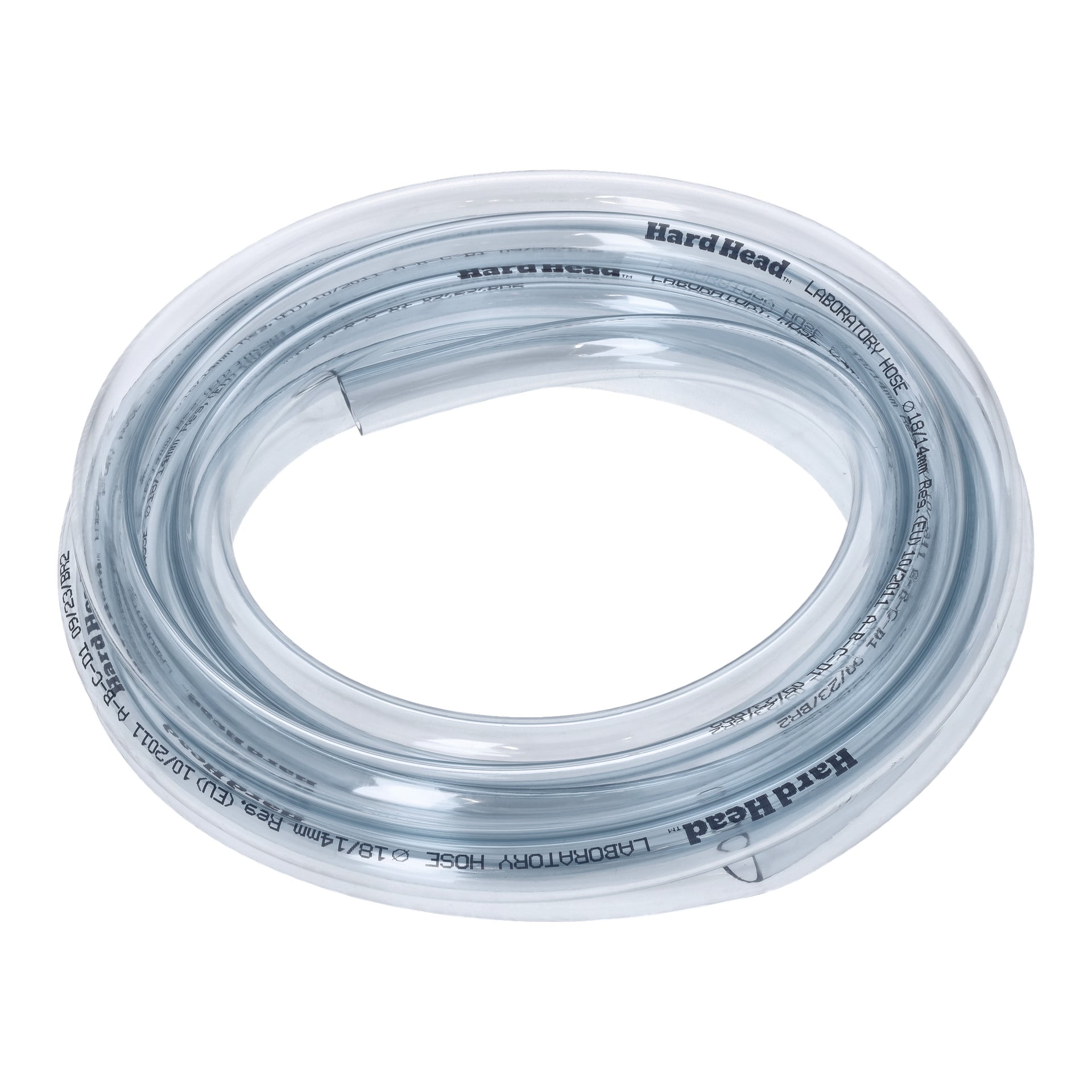 En coiled transparent Lab-slange fra Hard Head med trykte spesifikasjoner langs hele lengden.
