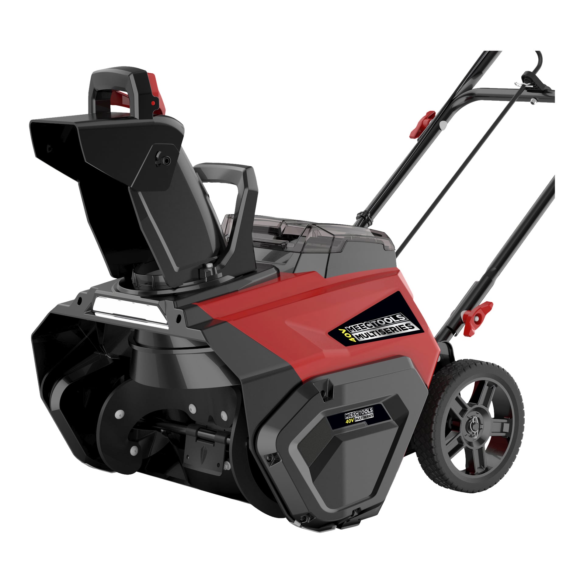 Punamusta Meec Tools Multiseries 40 V akkukäyttöinen lumilinkki, jossa on näkyvä varjo, kaksi pyörää ja ohjaustanko, esitetty kulmassa korostamaan sekä sivu- että etuyksityiskohtia.