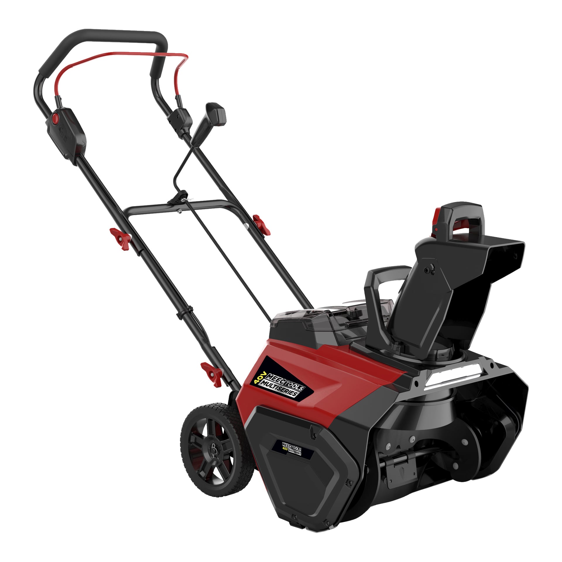 Punamusta Meec Tools Multiseries 40 V akkukäyttöinen lumilinkki, jossa on kaksi pyörää, ohjaustanko ja purkuvarjo, kuvattu kulmasta korostaen sen sivu- ja takayksityiskohtia.