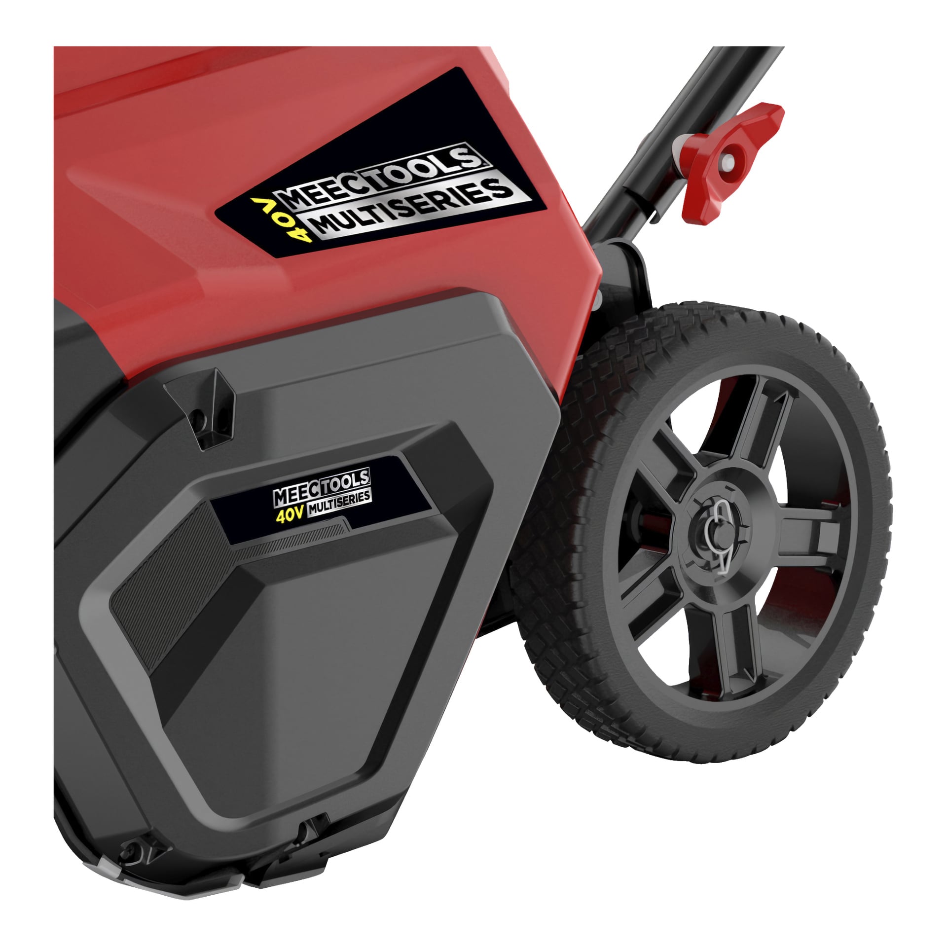 Yksityiskohtainen näkymä takapyörästä, akkutilasta ja osasta kahvasta punamustassa langattomassa lumilinkossa. Tuotemerkinnöissä näkyy Meec Tools Multiseries 40 V.
