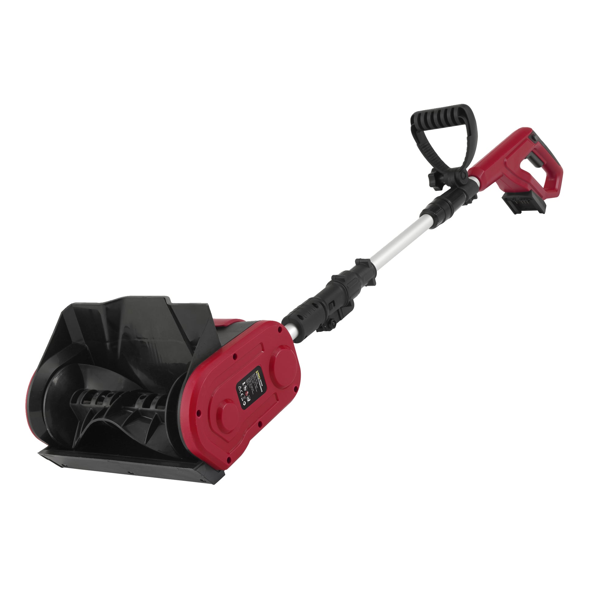 Der Meec Tools Multiseries SB-18V HOME 300 Schneefräse ist batteriebetrieben und verfügt über eine rot-schwarze Akku-Konstruktion. Er verfügt über einen teleskopischen Griff mit einem Hauptabzug und einem zusätzlichen Griff für bessere Manövrierfähigkeit. An der Vorderseite ist das Schneckenblatt freigelegt, und es gibt ein zugängliches Batteriefach.