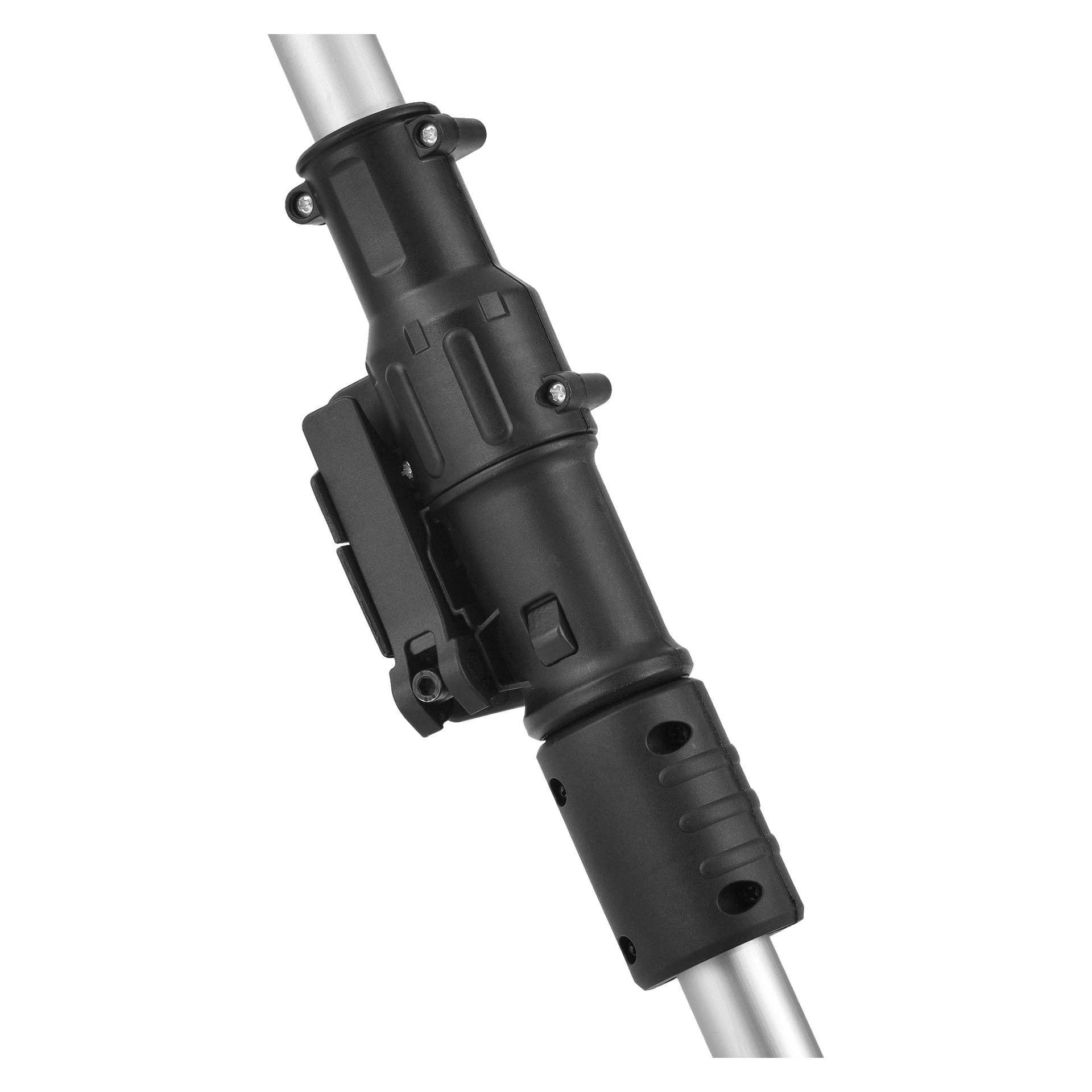 Nahaufnahme des schwarzen Kunststoff-Verstellverschlusses am Meec Tools Multiseries SB-18V HOME 300 batteriebetriebenen Schneefräse, befestigt an einer silbernen Metallstange mit Seitenschrauben, die einen Teil des teleskopierbaren Griffsystems illustriert.