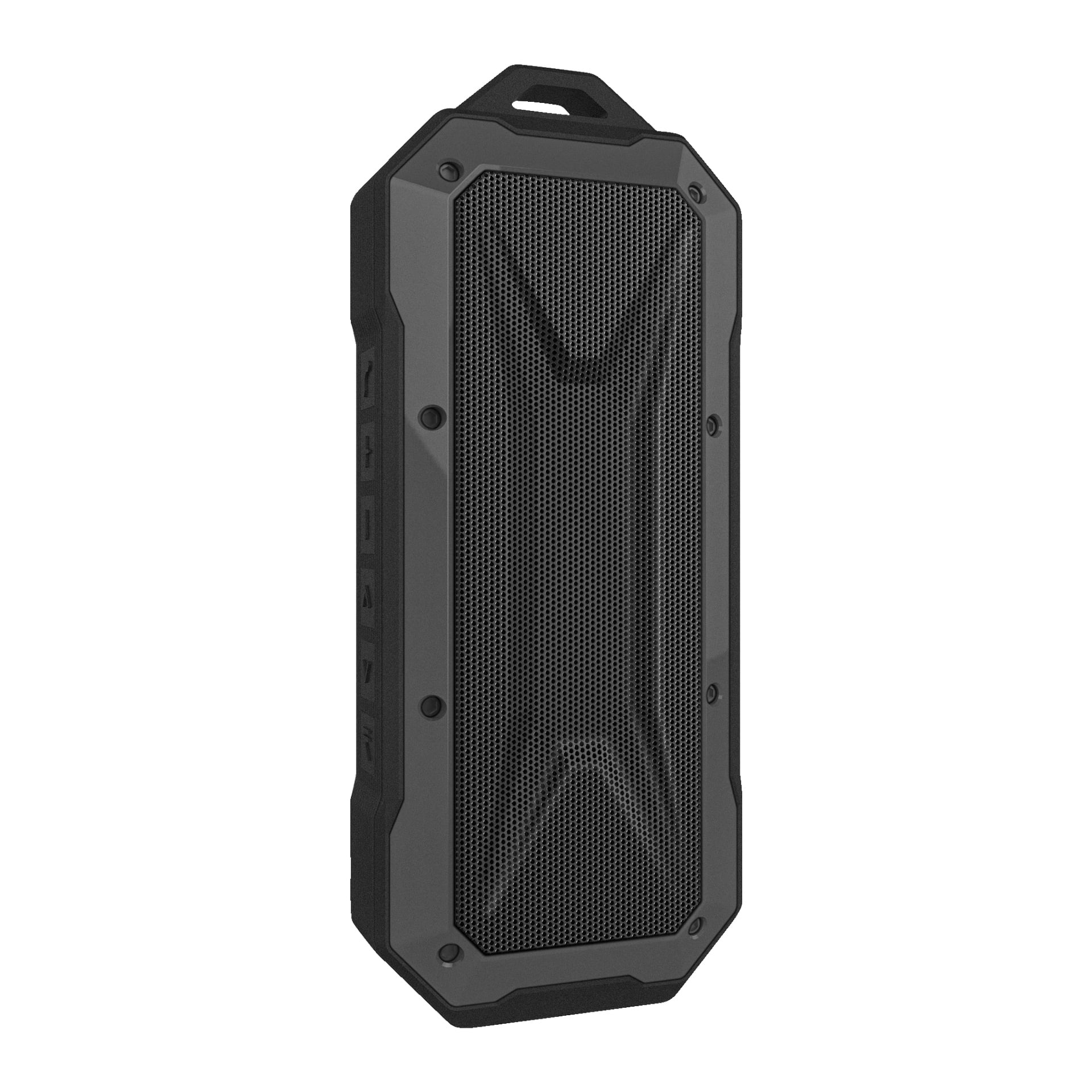 En svart, rektangulær Marquant Bluetooth-høyttaler med robust utseende, mesh-grill foran, skrå kanter og sideknapper.