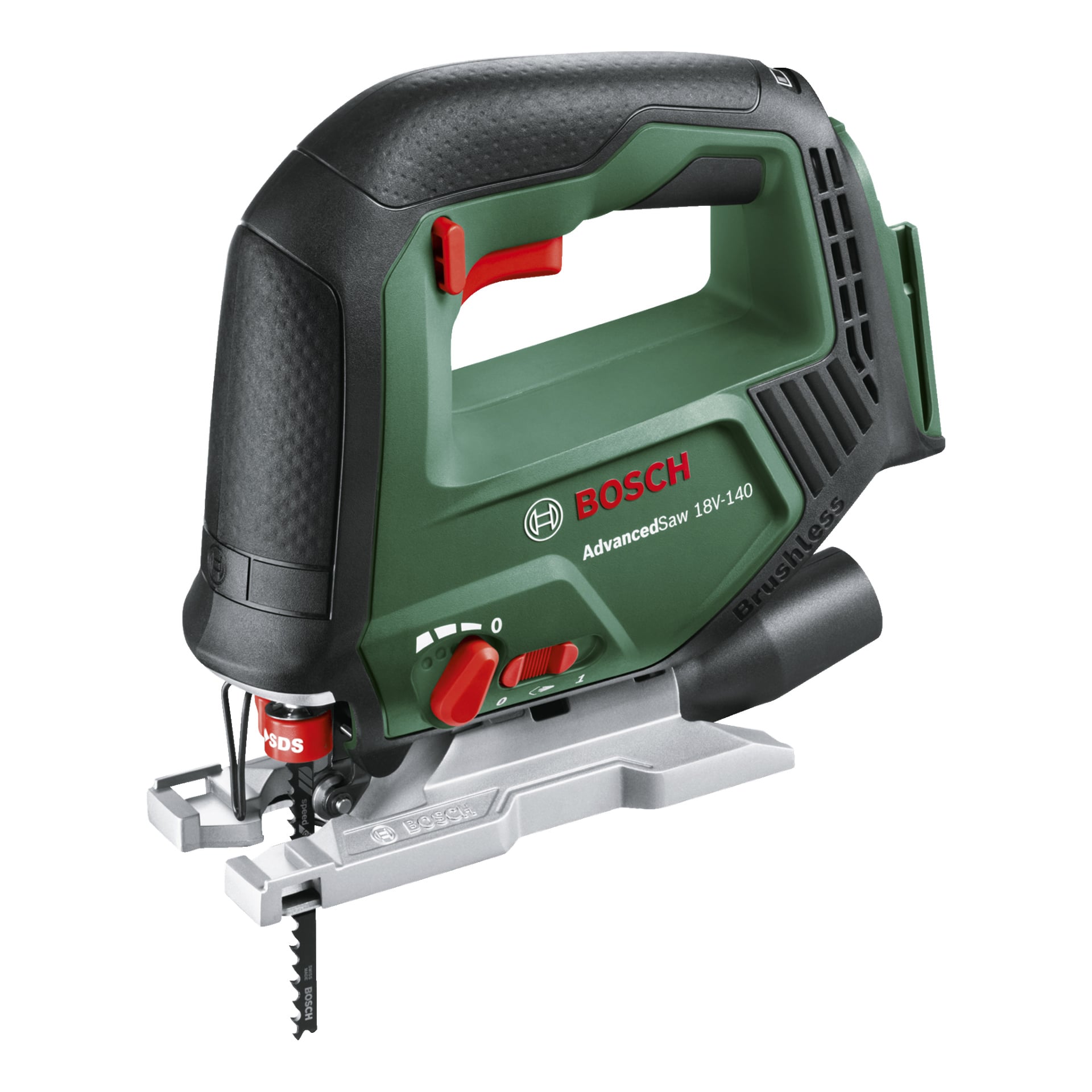 En grønn og svart Bosch Power 4 All AdvancedSaw 18V-140 trådløs stikksag med røde detaljer, synlig blad og tydelige kontrolletiketter.
