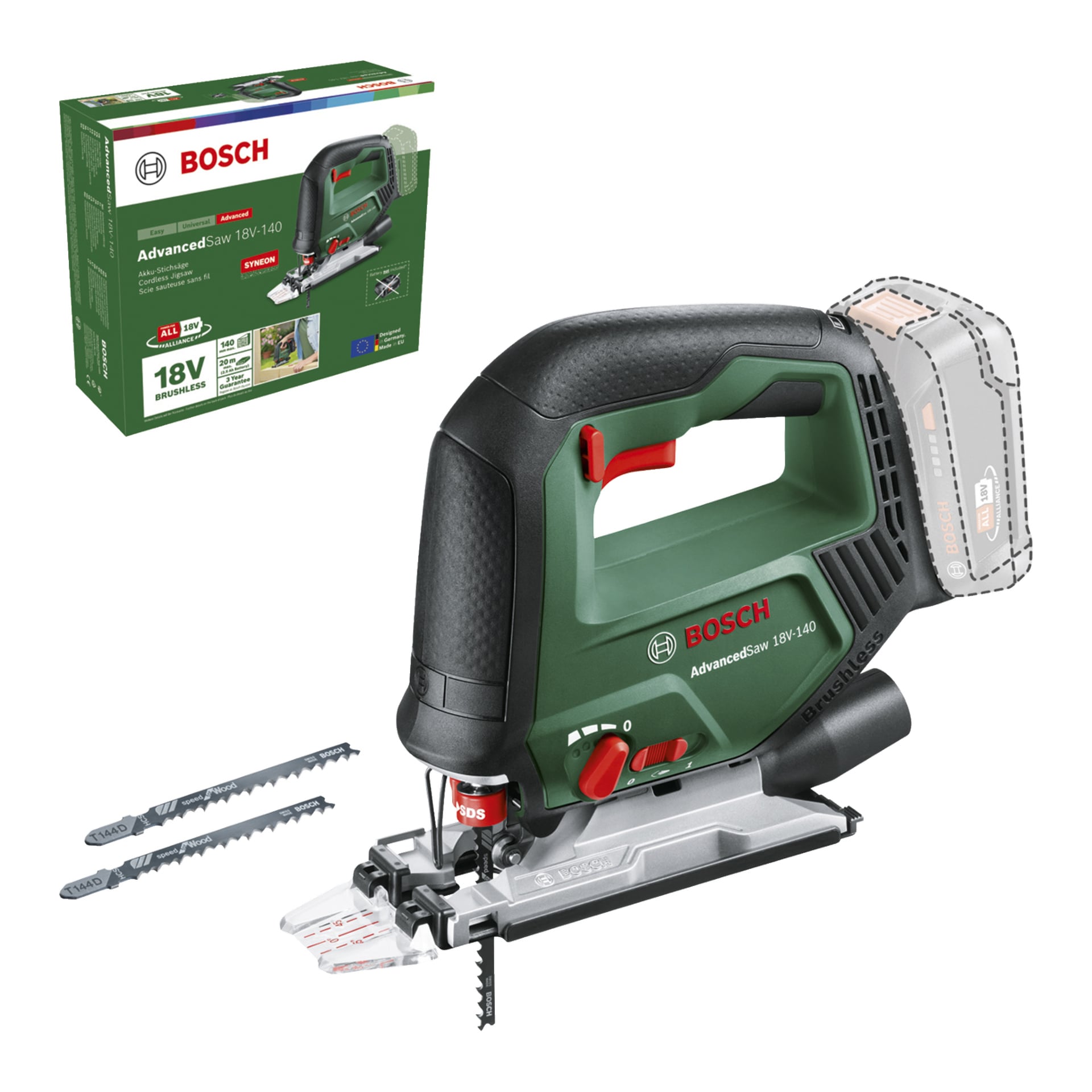 Bosch Power 4 All AdvancedSaw 18V-140 trådløs stikksag med grønt og svart håndtak, vist med to blader og et batterirom; Emballasjen er i bakgrunnen og viser merkevarer og produktdetaljer.
