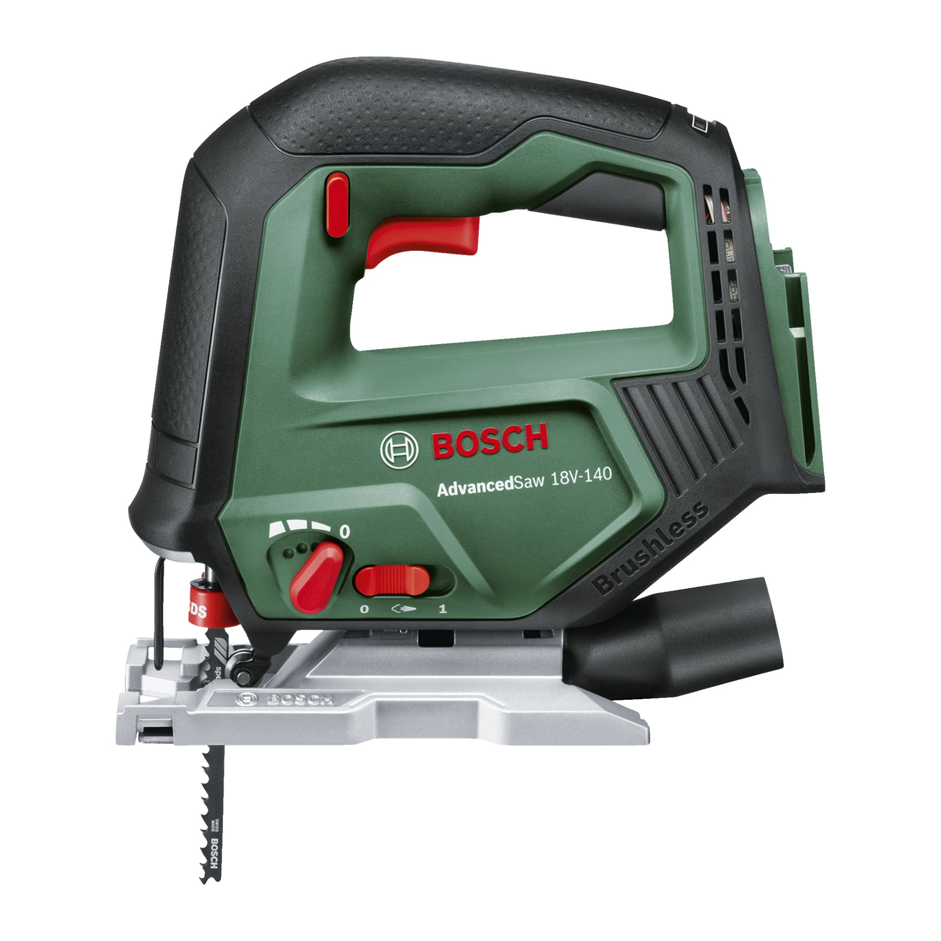 En Bosch Power 4 All AdvancedSaw 18V-140 trådløs stikksag med grønt og svart design, rød avtrekker, synlig skjæreblad, justeringsskiver og ordet "Brushless" vist på siden ved siden av Bosch-merket i rødt.
