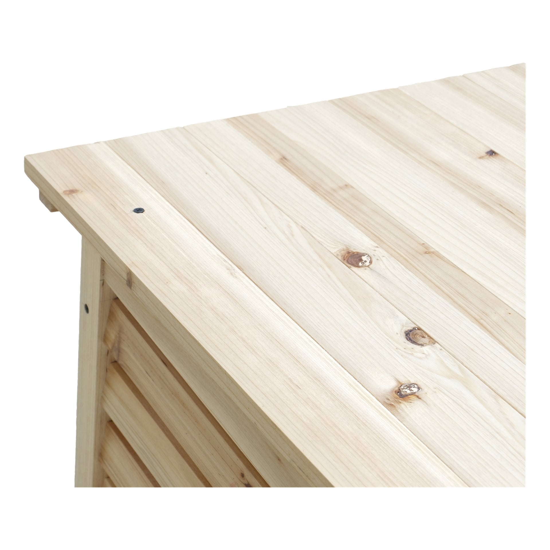 Detaljert nærbilde av Anslut Cover for luftvarmepumpe, som fremhever den lyse treoverflaten med synlige årringer og knuter. Bildet viser toppen og deler av siden, begge designet med horisontale lameller.