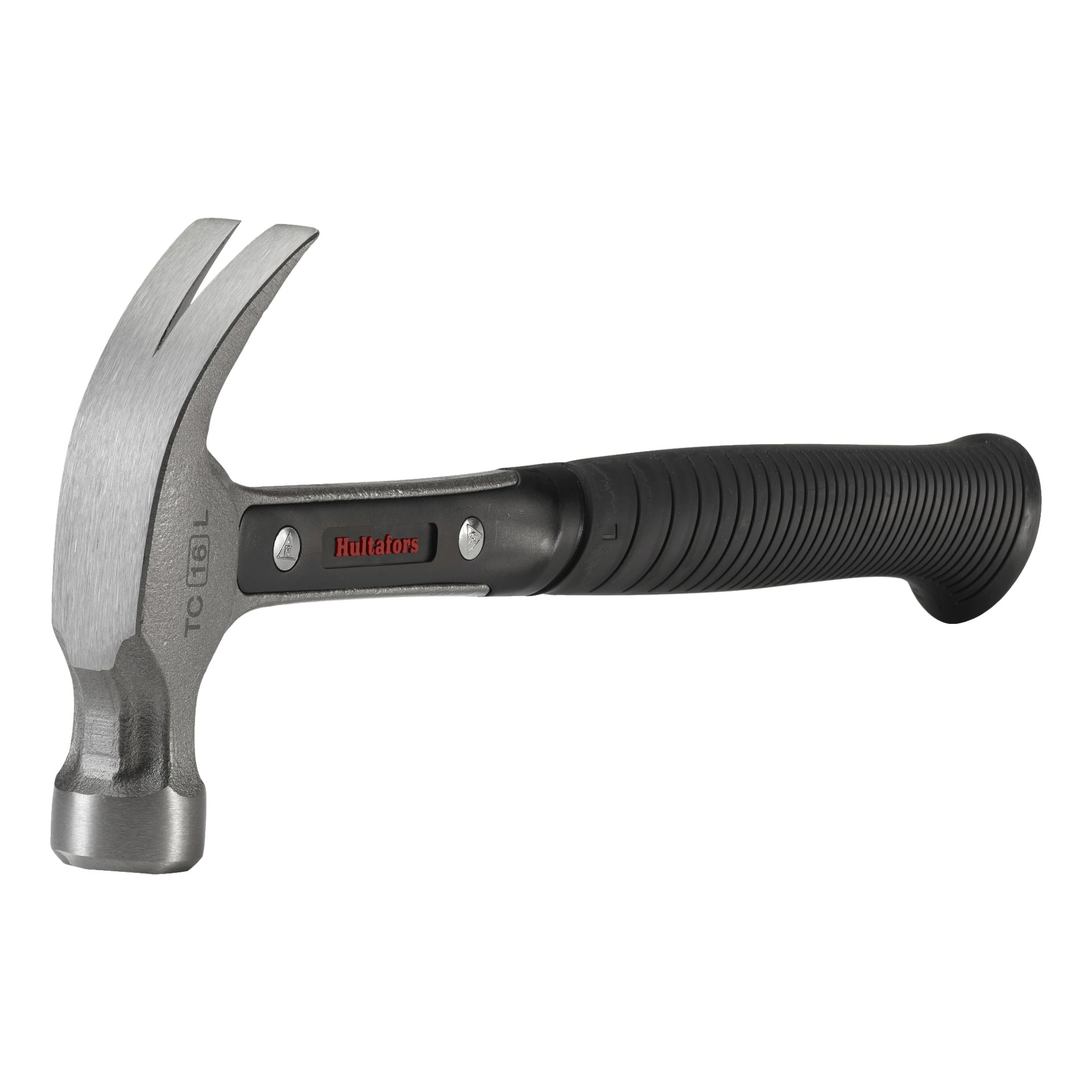 Ein Hultafors Carpenter's Hammer TC16L mit Metallkopf und einem schwarz gummiierten Griff, der horizontal mit dem Hammerkopf links liegt. Der Griff zeigt das Hultafors-Branding.