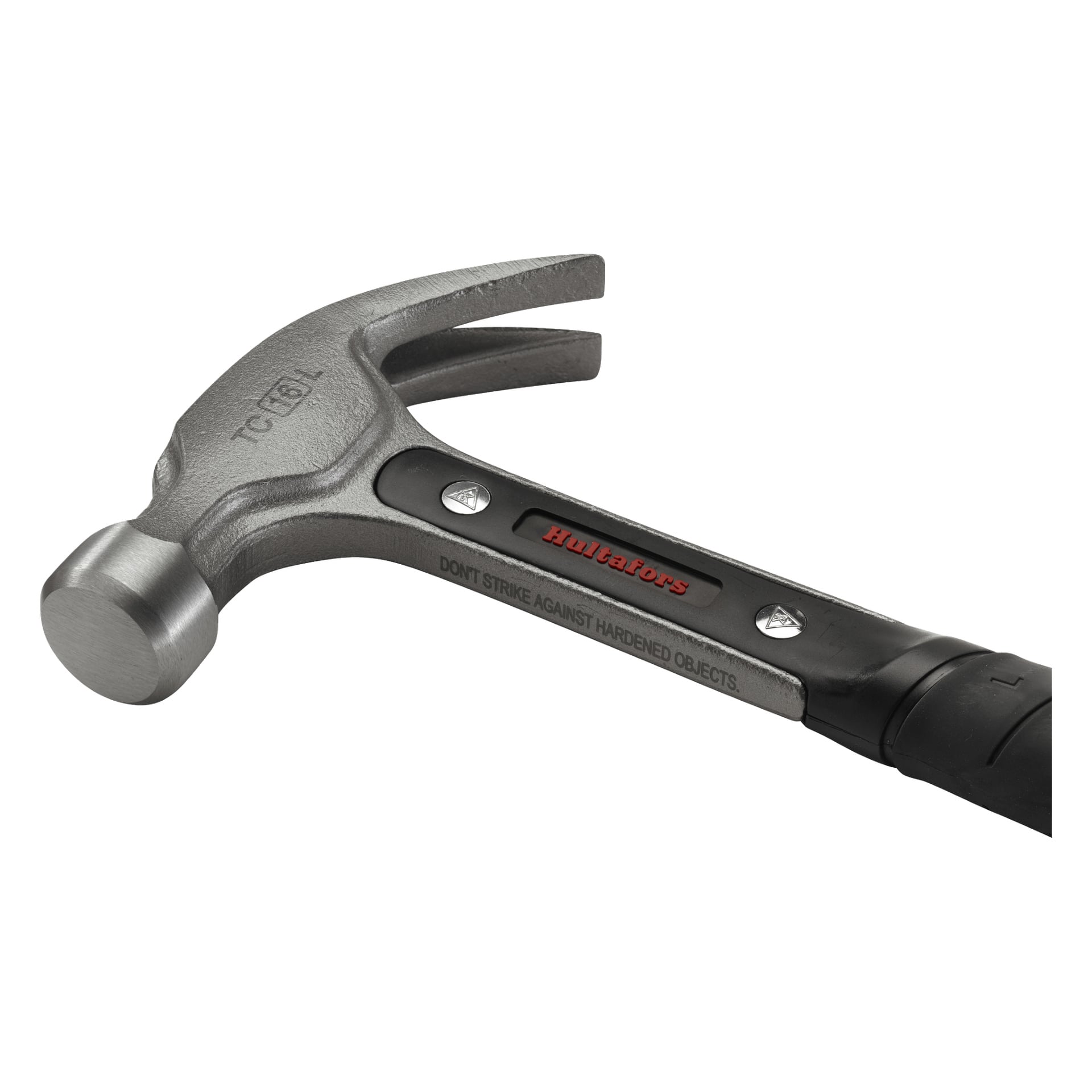Eine detaillierte Nahaufnahme des Hultafors Carpenter's Hammer TC16L hebt den Metallkopf und den schwarzen Griff hervor, der mit einer Vorsicht gekennzeichnet ist, die darauf hinweist, nicht gegen gehärtete Objekte zu schlagen.