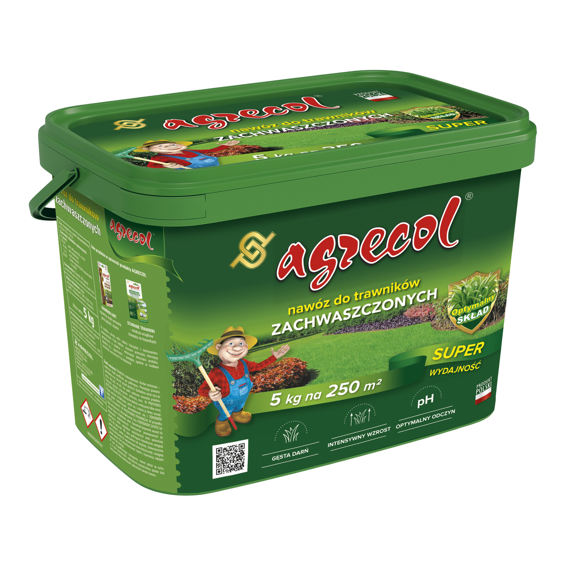 Zielony plastikowy pojemnik nawozu Agrecol Lawn Fertiliser z ilustrowanymi zdjęciami ogrodnika i trawnika na etykiecie; Opakowanie o wadze 5 kg obejmuje do 250 m².