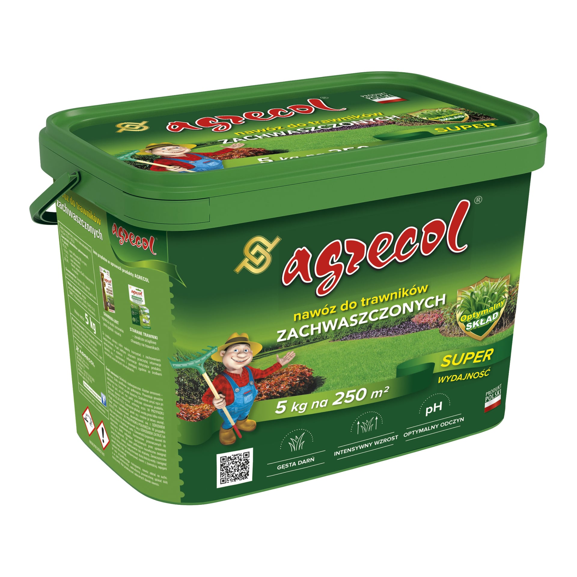 Zielony plastikowy pojemnik nawozu Agrecol Lawn Fertiliser z ilustrowanymi zdjęciami ogrodnika i trawnika na etykiecie; Opakowanie o wadze 5 kg obejmuje do 250 m².