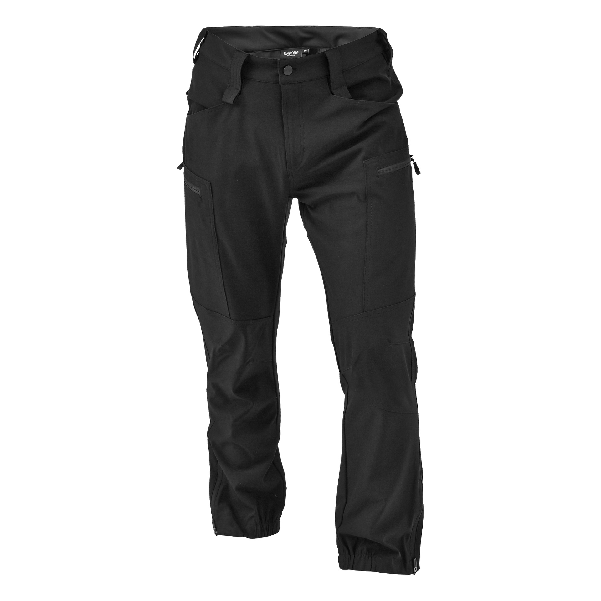Et par Kayoba Outdoor herrebukser med svarte Östanå casual bukser for menn med glidelås, belteløkker, forsterkede knær og elastiske mansjetter.