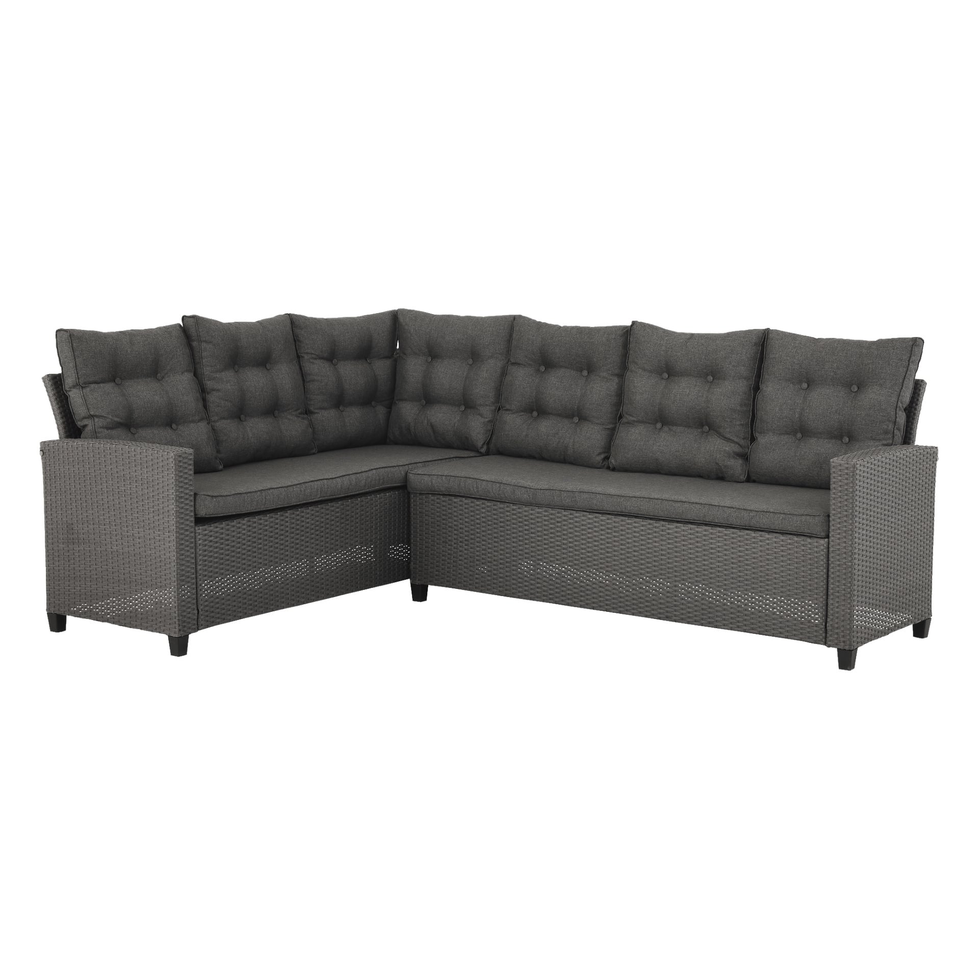 Ein zweiteiliges EKVIP Furniture-Set in Dunkelgrau, bestehend aus einem L-förmigen Außensofa mit gestreuten Rückenkissen und einem geflochtenen Rattanboden.