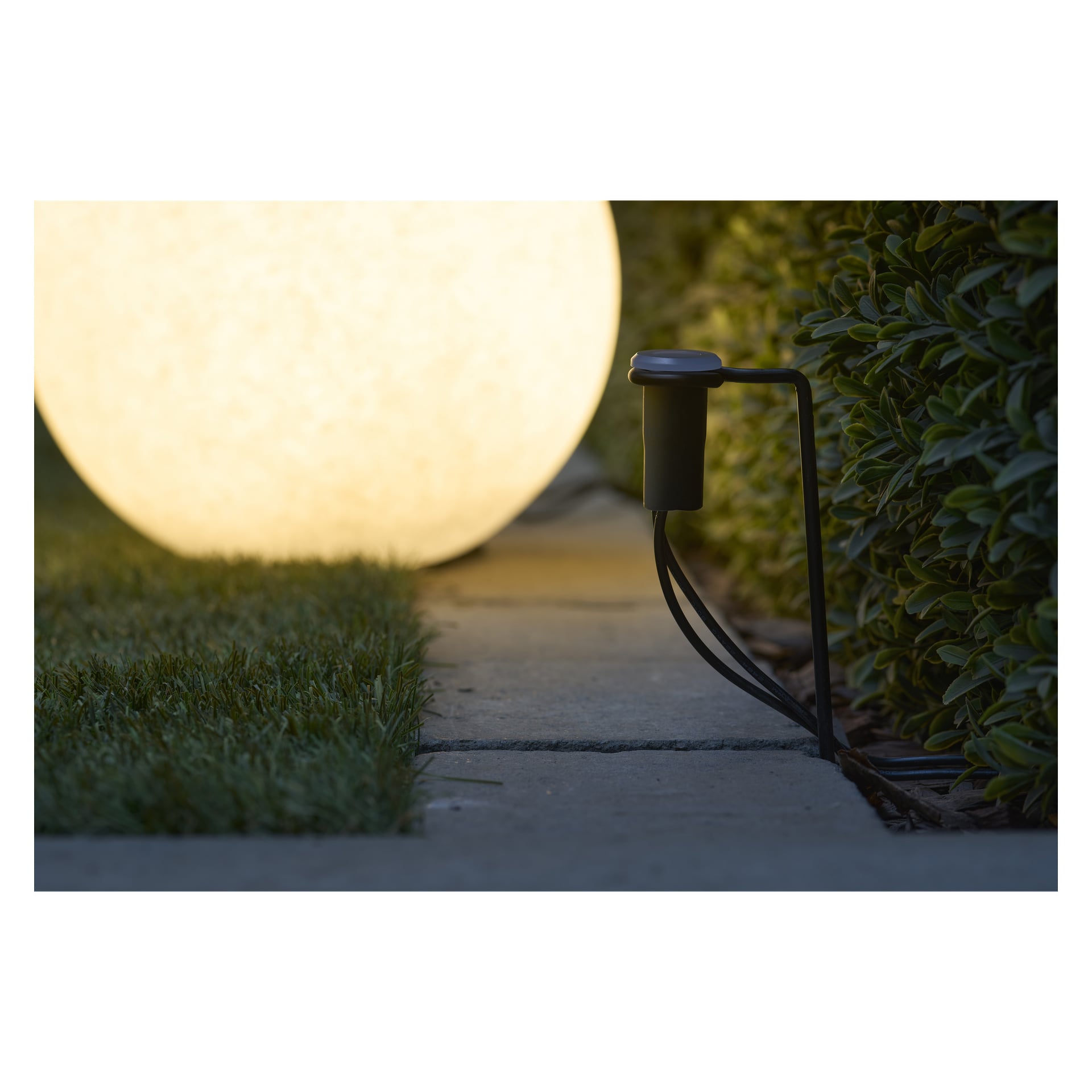 Ein Gartenweg, der von einem leuchtenden runden Außenlicht links beleuchtet wurde, mit einem Anslut Twilight Sensor Connectable System – bestehend aus einem schwarzen elektrischen Stecker und drei angeschlossenen Kabeln – in der Nähe von grünen Sträuchern auf der rechten Seite.
