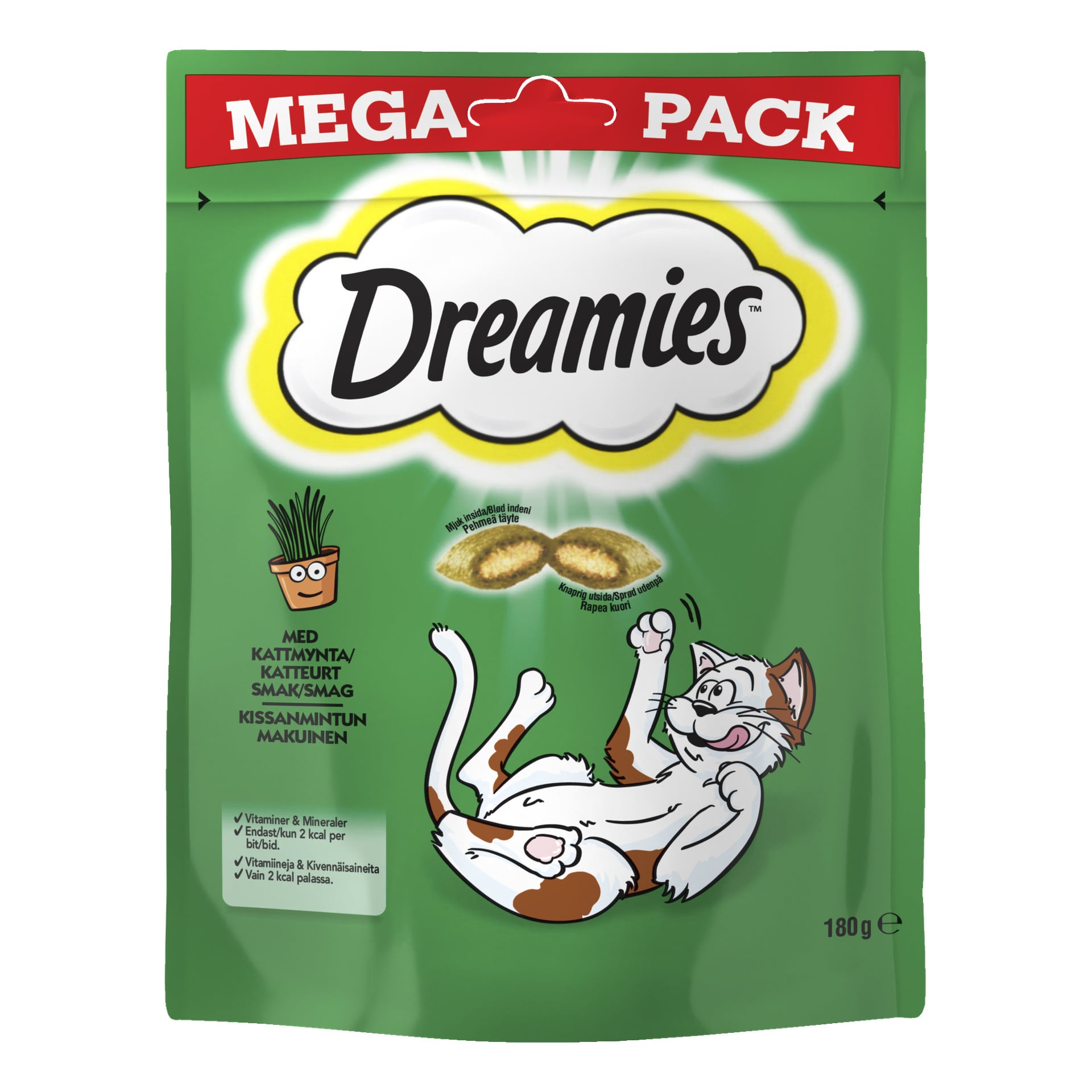 En grønn 180g Mega Pack med Dreamies kattegodbiter viser to illustrerte fylte godbiter og en munter liggende katt på emballasjen. Merkenavnet vises inne i et skyformet design.