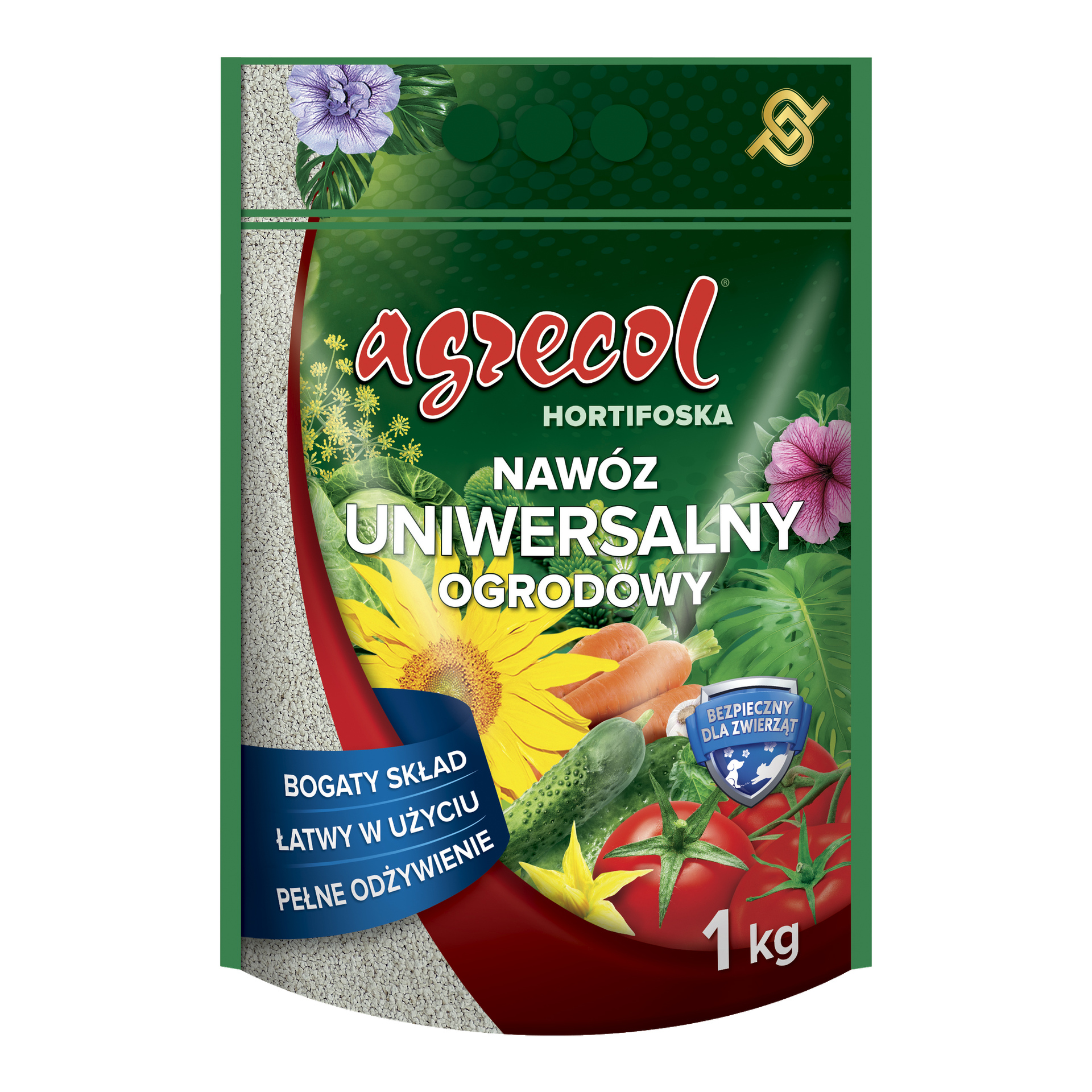 Worek Agrecol Universal Fertiliser Hortifoska o wadze 1 kg prezentuje kolorowe obrazy warzyw i kwiatów z przodu. Opakowanie to mieszanka zieleni i czerwieni, z przezroczystą sekcją, podkreślającą bogatą w składniki odżywcze, łatwość obsługi i bezpieczeństwo dla zwierząt.