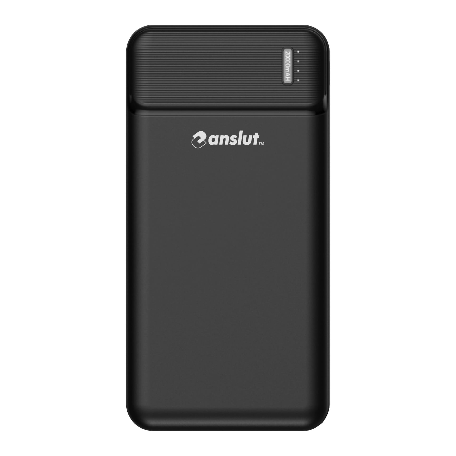 Eine schwarze, rechteckige Anslut Powerbank mit vier kleinen Blinkleuchten und einer "20.000 mAh"-Markierung in der oberen rechten Ecke.