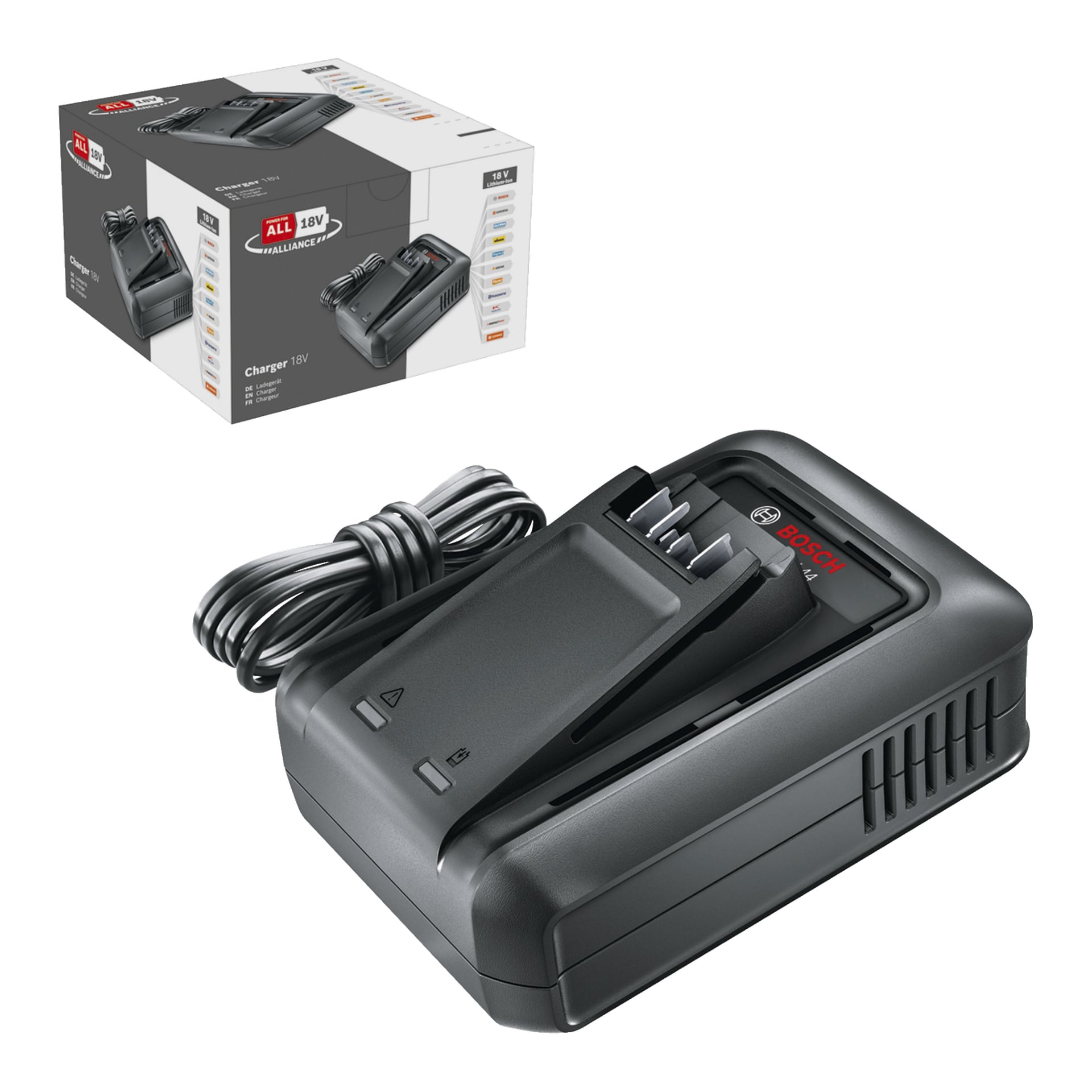 Ładowarka Bosch Power 4 All Battery AL 18V-44 wraz z kablem zasilającym jest prezentowana z przodu, a opakowanie produktu podkreśla zdjęcia i specyfikacje za nią.