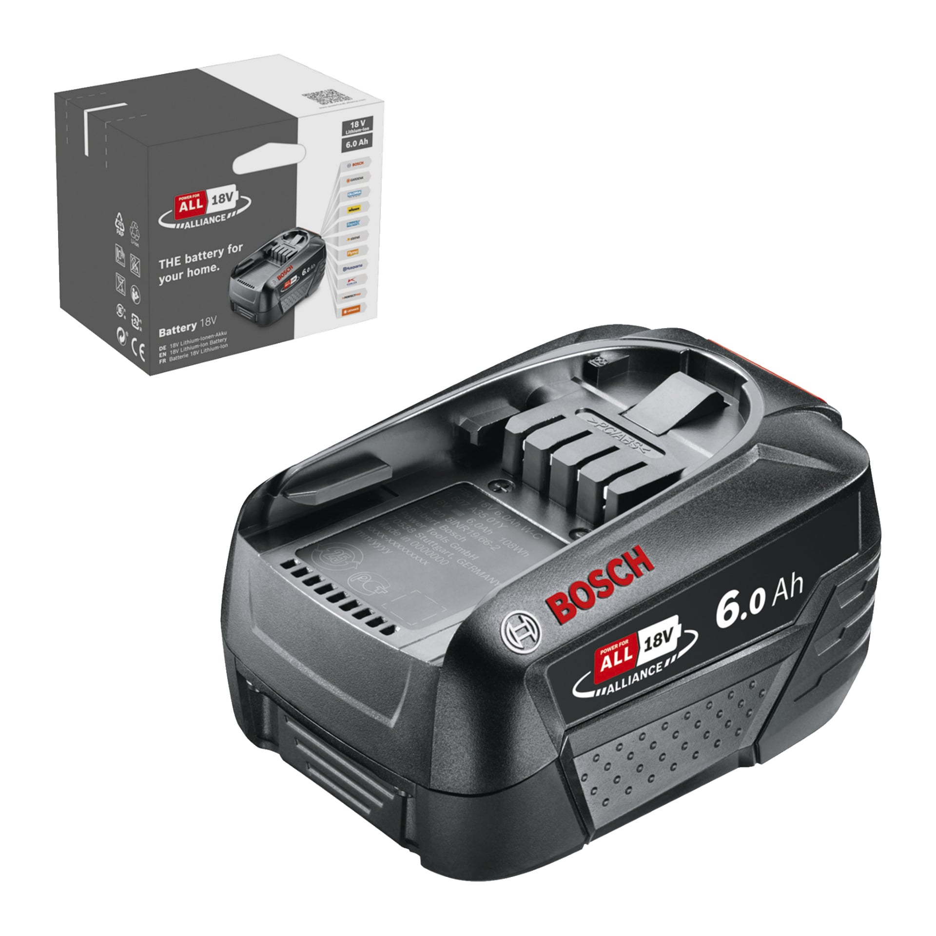 Na froncie widnieje Bosch Power 4 All Battery PBA 18V, a w tle ramka z marką podkreśla informacje o produktach i ikony kompatybilności.
